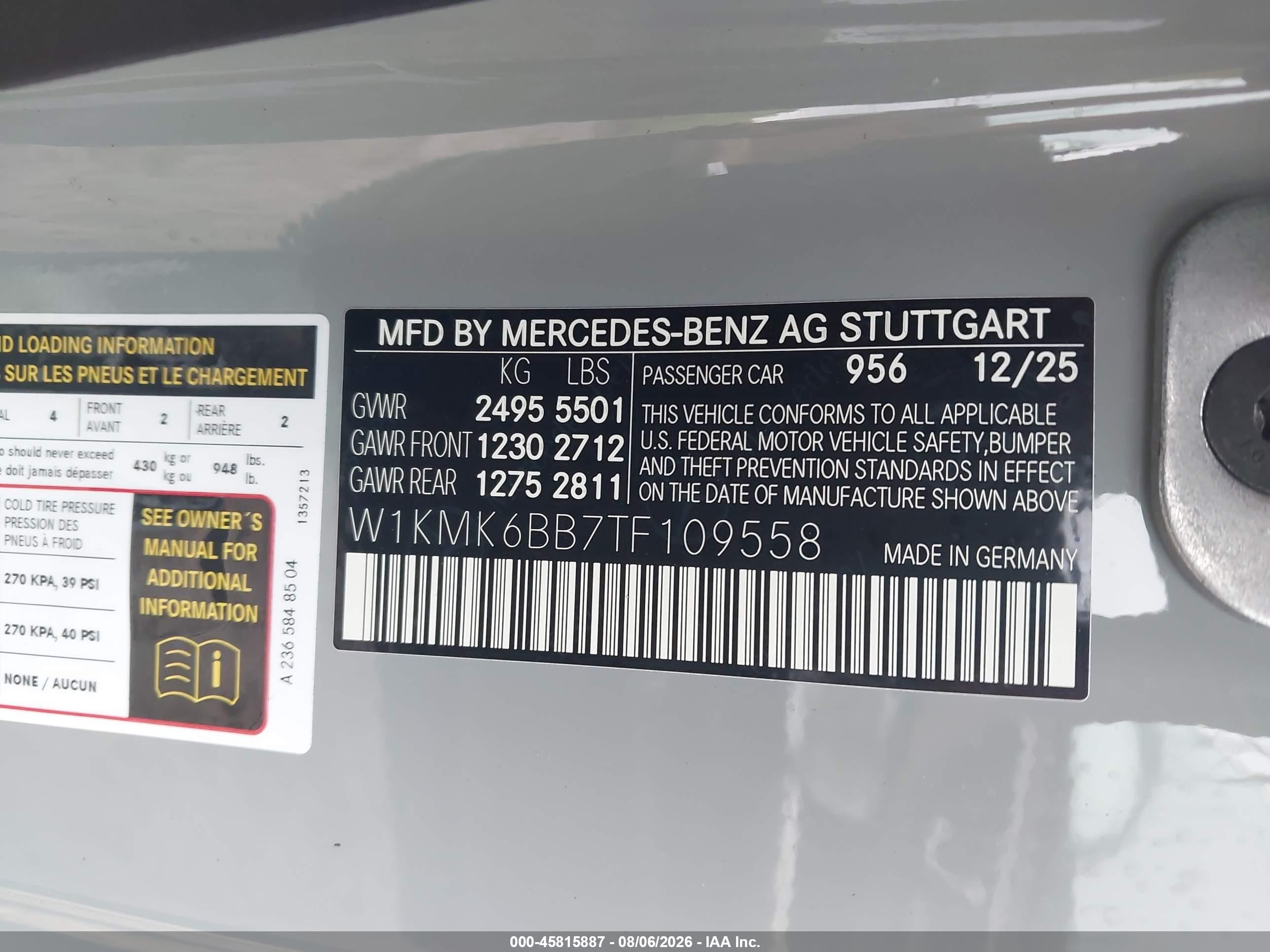 2026 Mercedes-Benz CLE-Class VIN W1KMK6BB7TF109558 IAAI salvage auction — Rear End, Salvage (Pennsylvania), sold $35,750 on 2026-08-16 (photo 9)