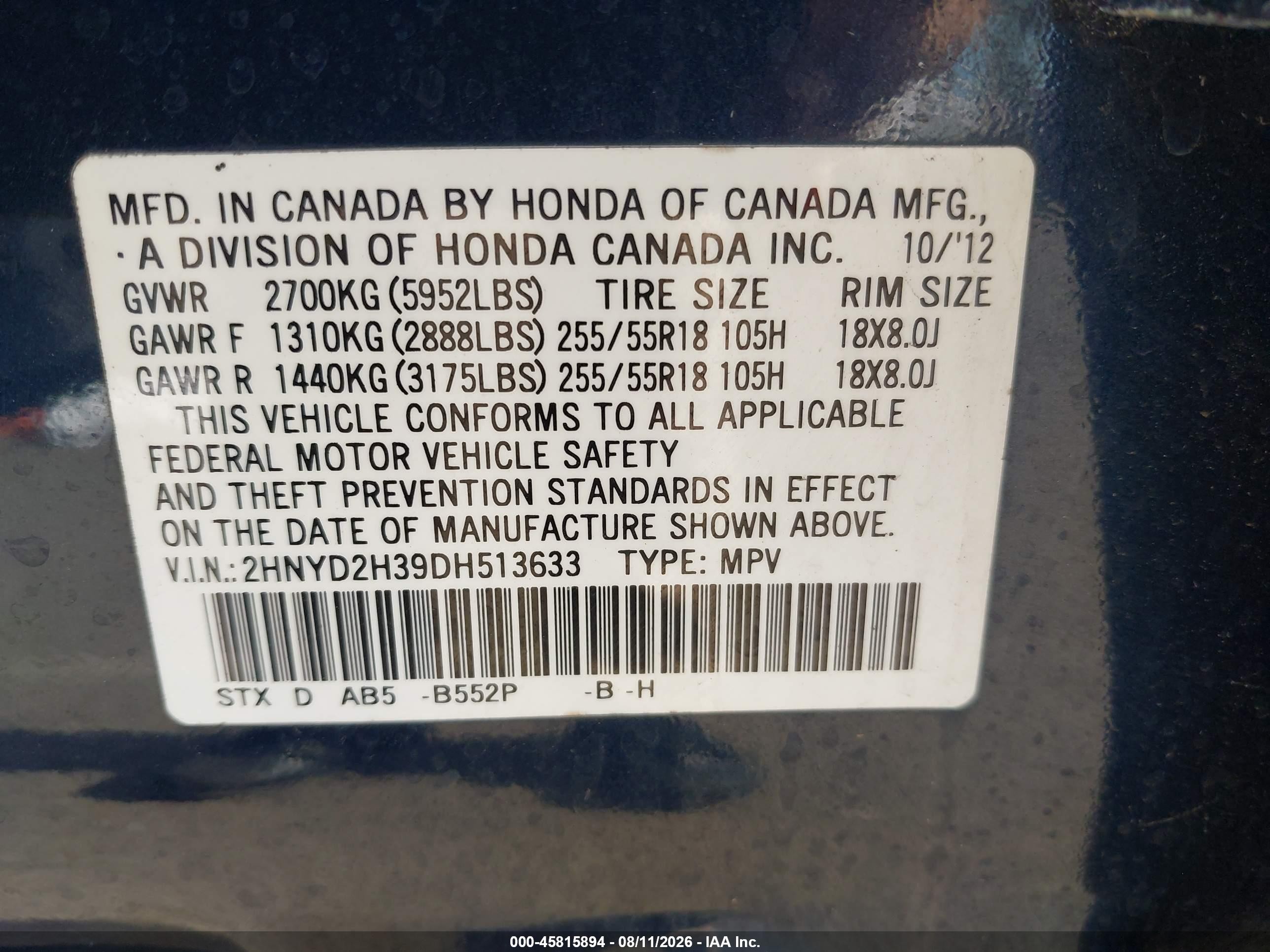 2013 Acura Mdx VIN 2HNYD2H39DH513633 IAAI salvage auction — Normal Wear, Clear (Hawaii), sold $225 on 2026-09-10 (photo 9)