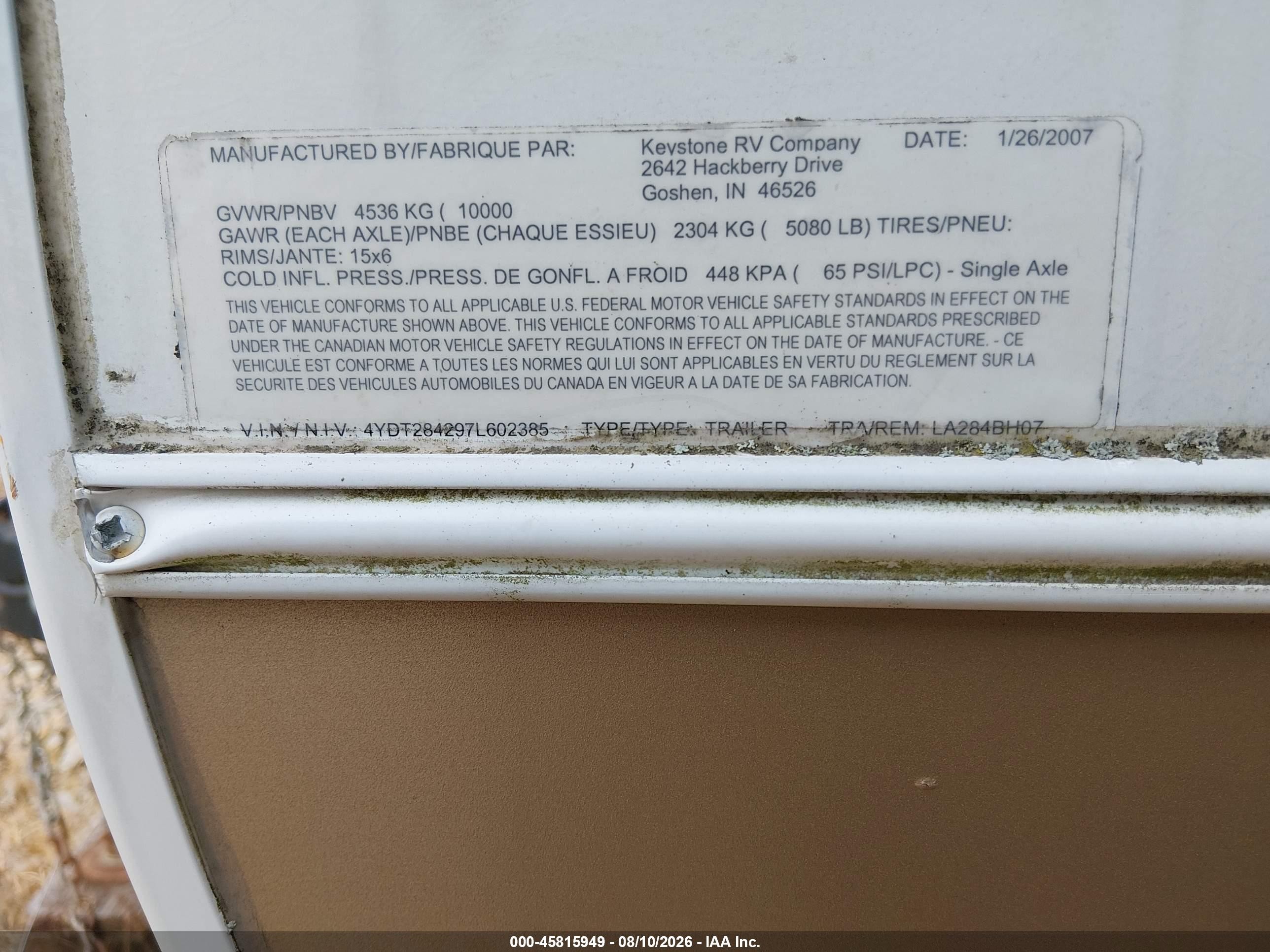 2007 Keystone Laredo VIN 4YDT284297L602385 IAAI salvage auction — Water/Flood, Junk Bill Of Sale Mv2459 (Wisconsin), sold $100 on 2026-10-03 (photo 9)