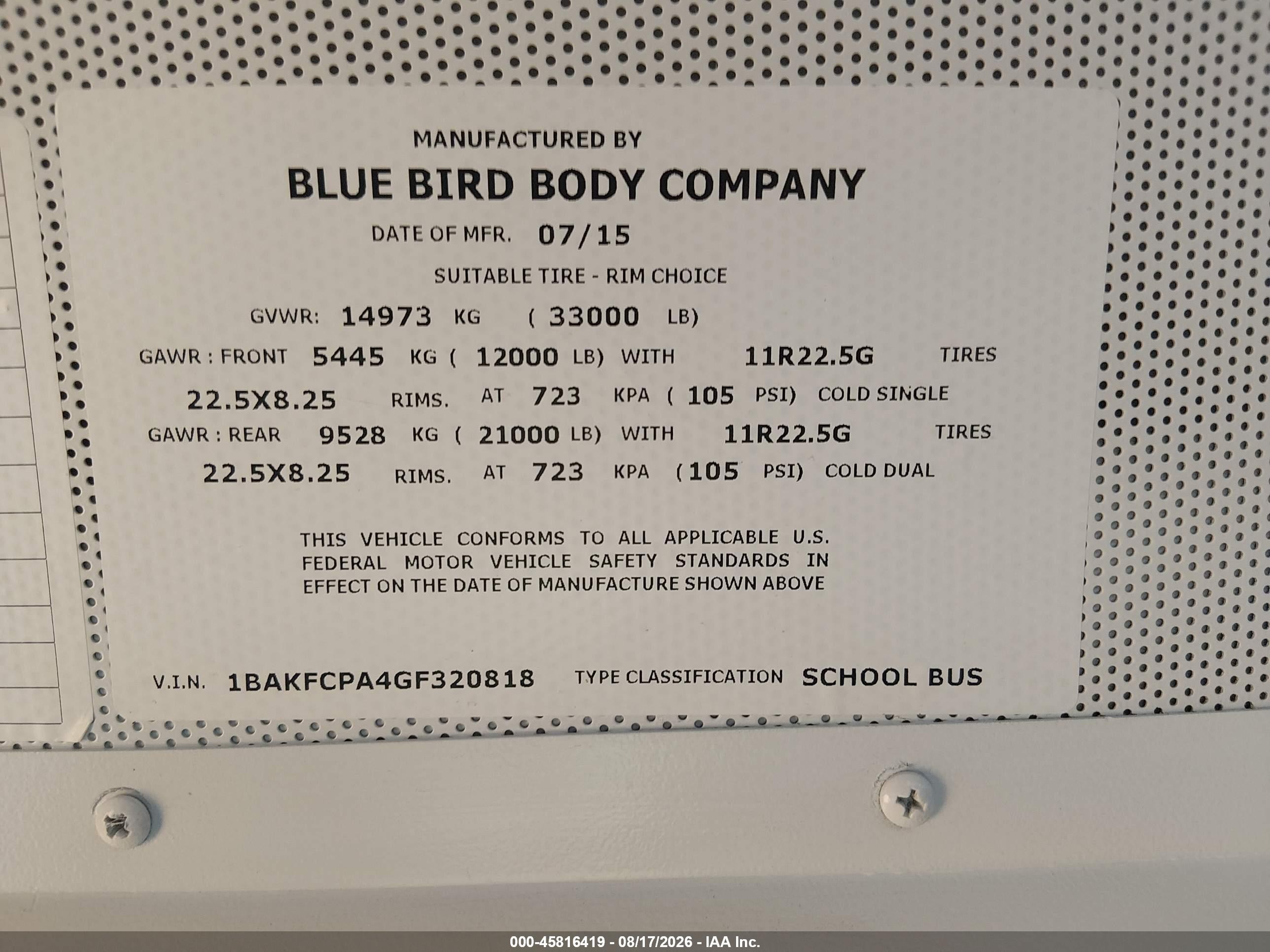 2016 Blue Bird School Bus / Transit Bus VIN 1BAKFCPA4GF320818 IAAI salvage auction — Normal Wear, SF97 (New Mexico), sold $11,100 on 2026-09-16 (photo 9)