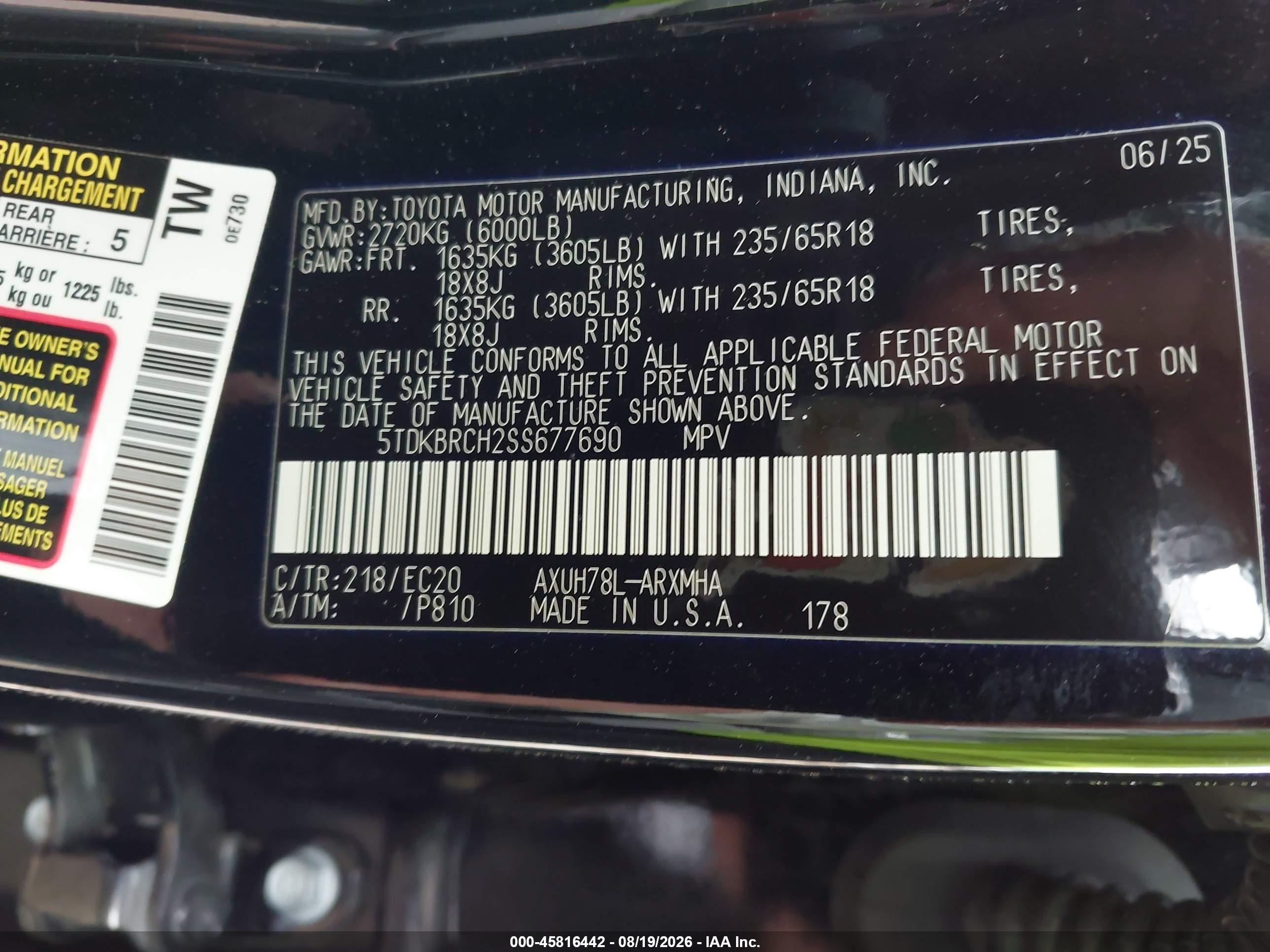 2025 Toyota Highlander VIN 5TDKBRCH2SS677690 IAAI salvage auction — Front End, Salvage (Ohio), sold $20,100 on 2026-09-25 (photo 9)