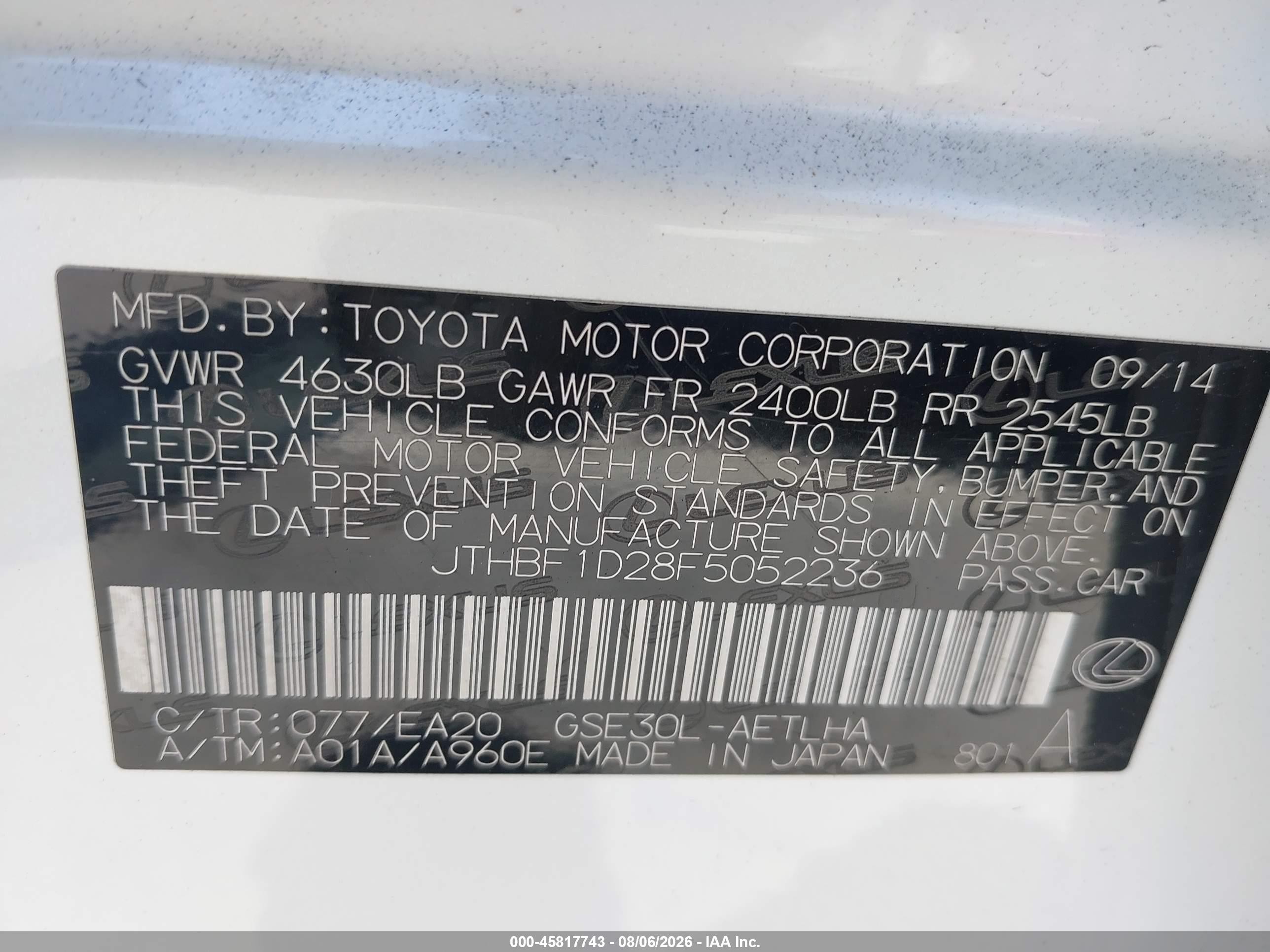 2015 Lexus IS 250 VIN JTHBF1D28F5052236 IAAI salvage auction — Front End, Salvage (California), sold $1,750 on 2026-09-12 (photo 9)