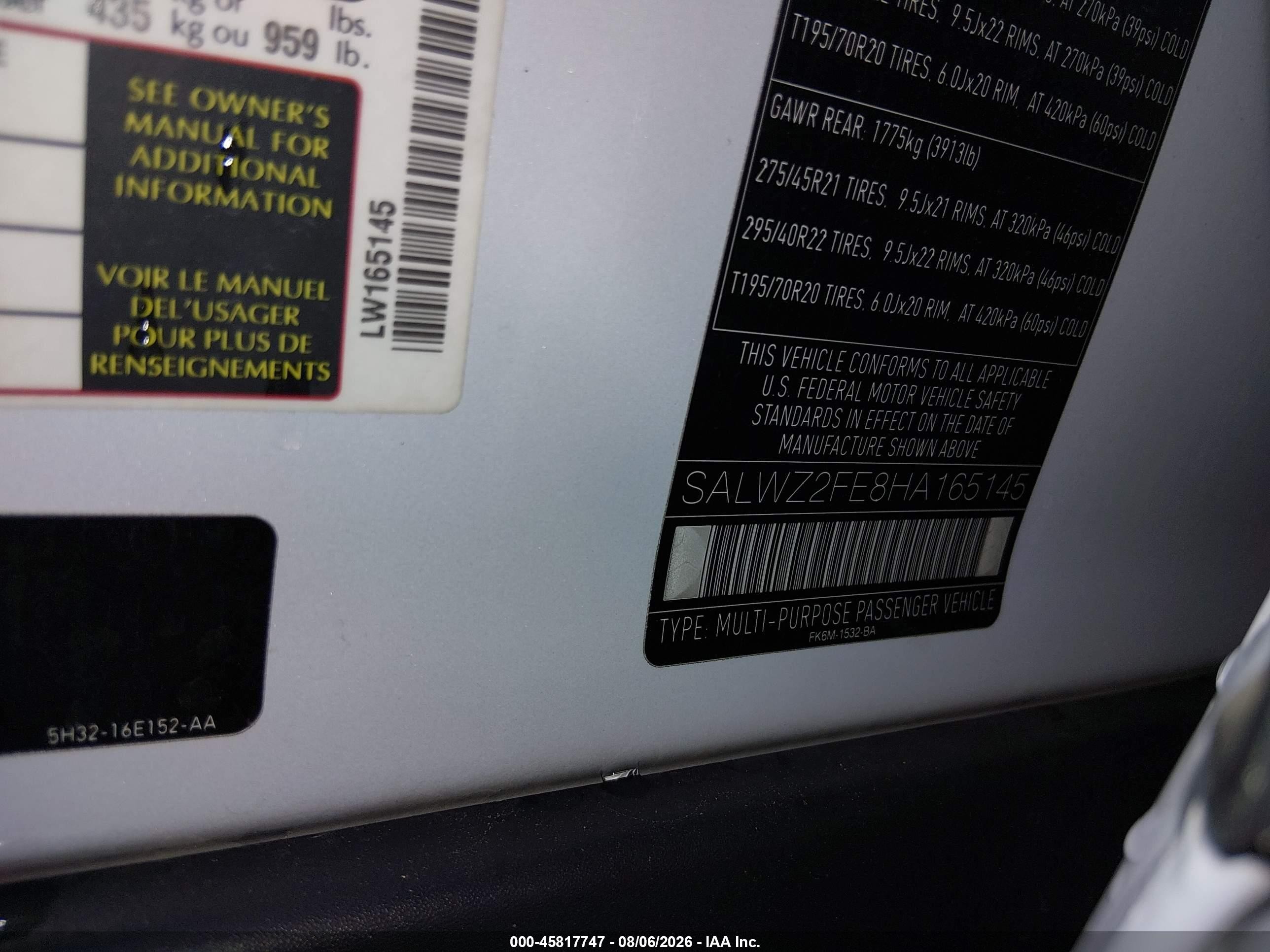 2017 Land rover Range rover sport VIN SALWZ2FE8HA165145 IAAI salvage auction — Side, Salvage (North Carolina), sold $9,975 on 2026-09-25 (photo 9)