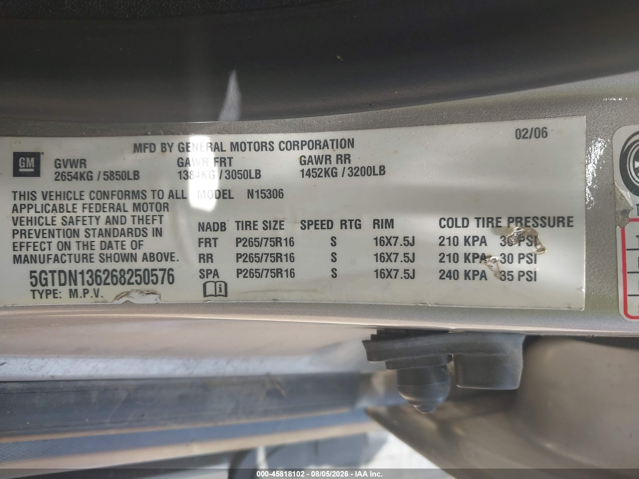 2006 Hummer H3 VIN 5GTDN136268250576 IAAI salvage auction — Normal Wear, Clear (Tennessee), sold $300 on 2026-09-02 (photo 9)
