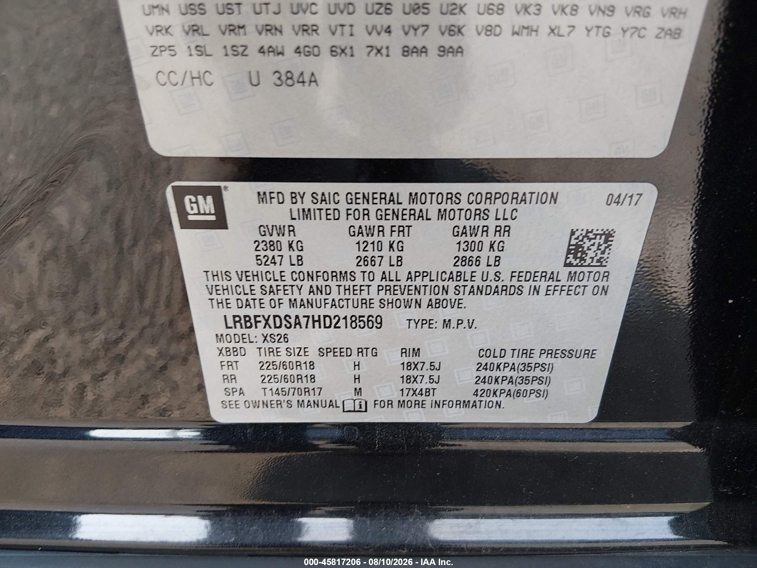 2017 Buick Envision VIN LRBFXDSA7HD218569 IAAI salvage auction — Front & Rear, Salvage (New Jersey), sold $1,400 on 2026-09-14 (photo 9)