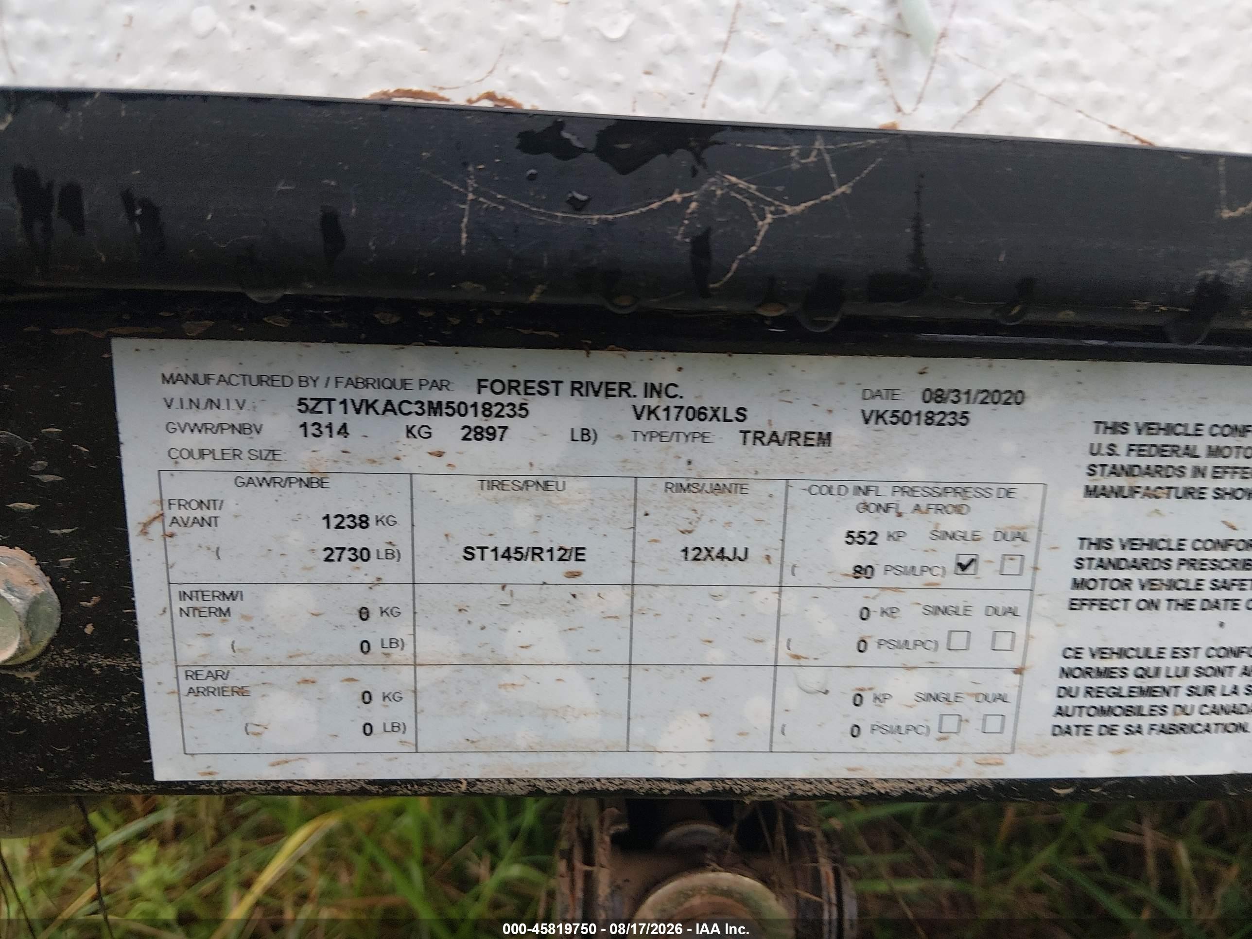 2021 Coachmen Other VIN 5ZT1VKAC3M5018235 IAAI salvage auction — Water/Flood, Salvage (West Virginia), sold $325 on 2026-09-23 (photo 9)