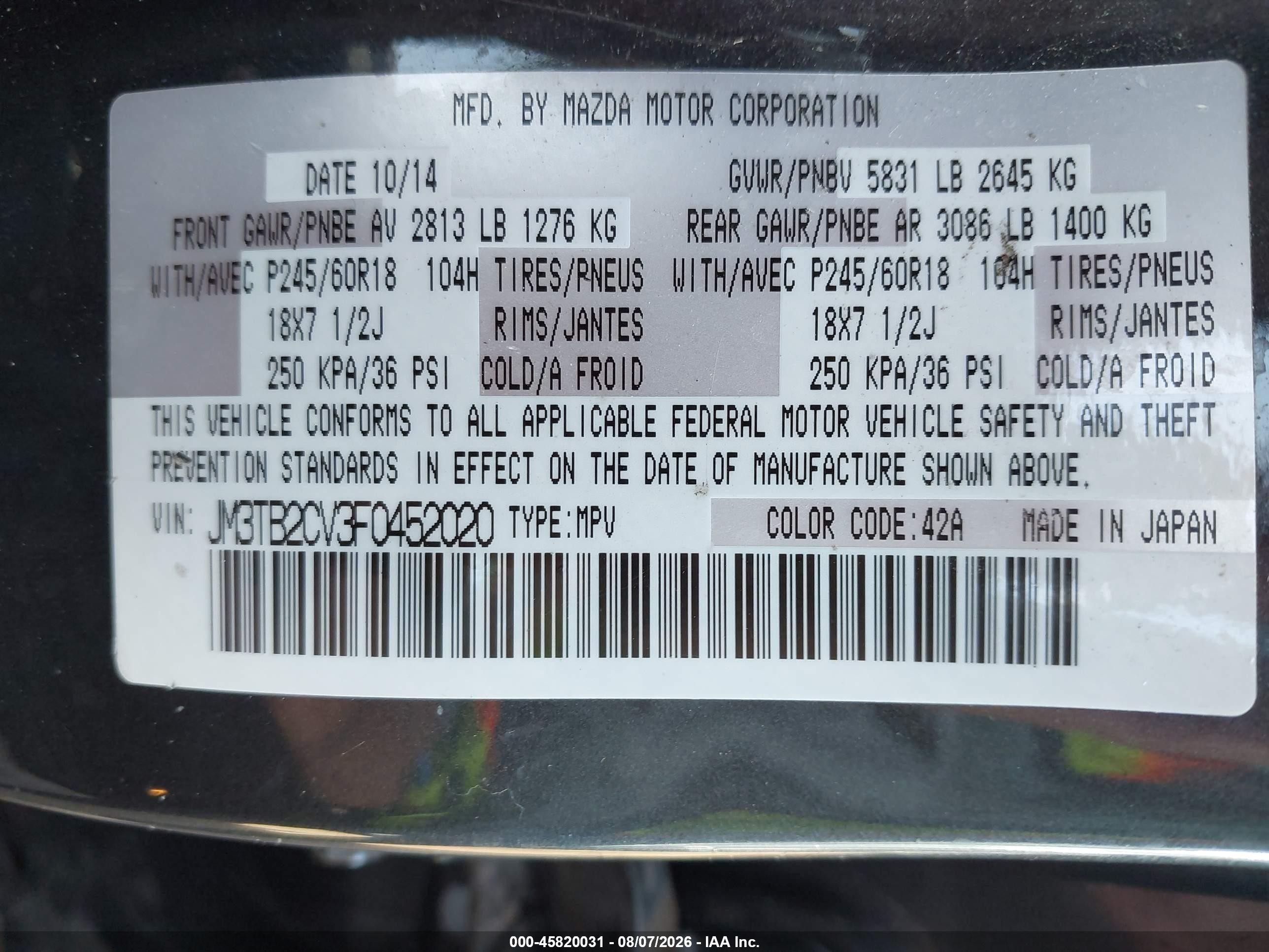 2015 Mazda Cx-9 VIN JM3TB2CV3F0452020 IAAI salvage auction — Normal Wear, Clear - Dealer Only (California), sold $875 on 2026-08-31 (photo 9)