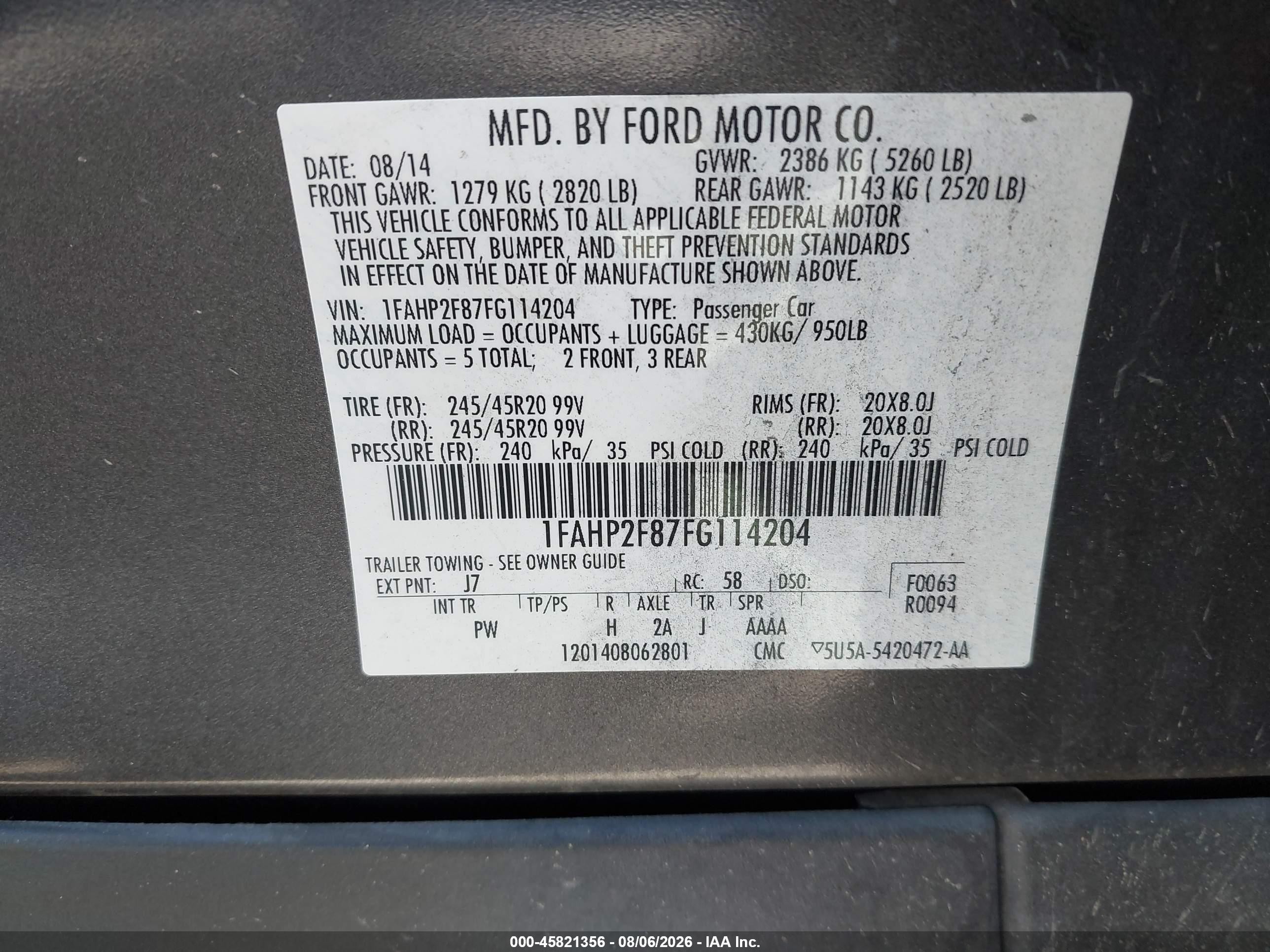 2015 Ford Taurus VIN 1FAHP2F87FG114204 IAAI salvage auction — Front End, Salvage (North Dakota), sold $750 on 2026-09-13 (photo 9)