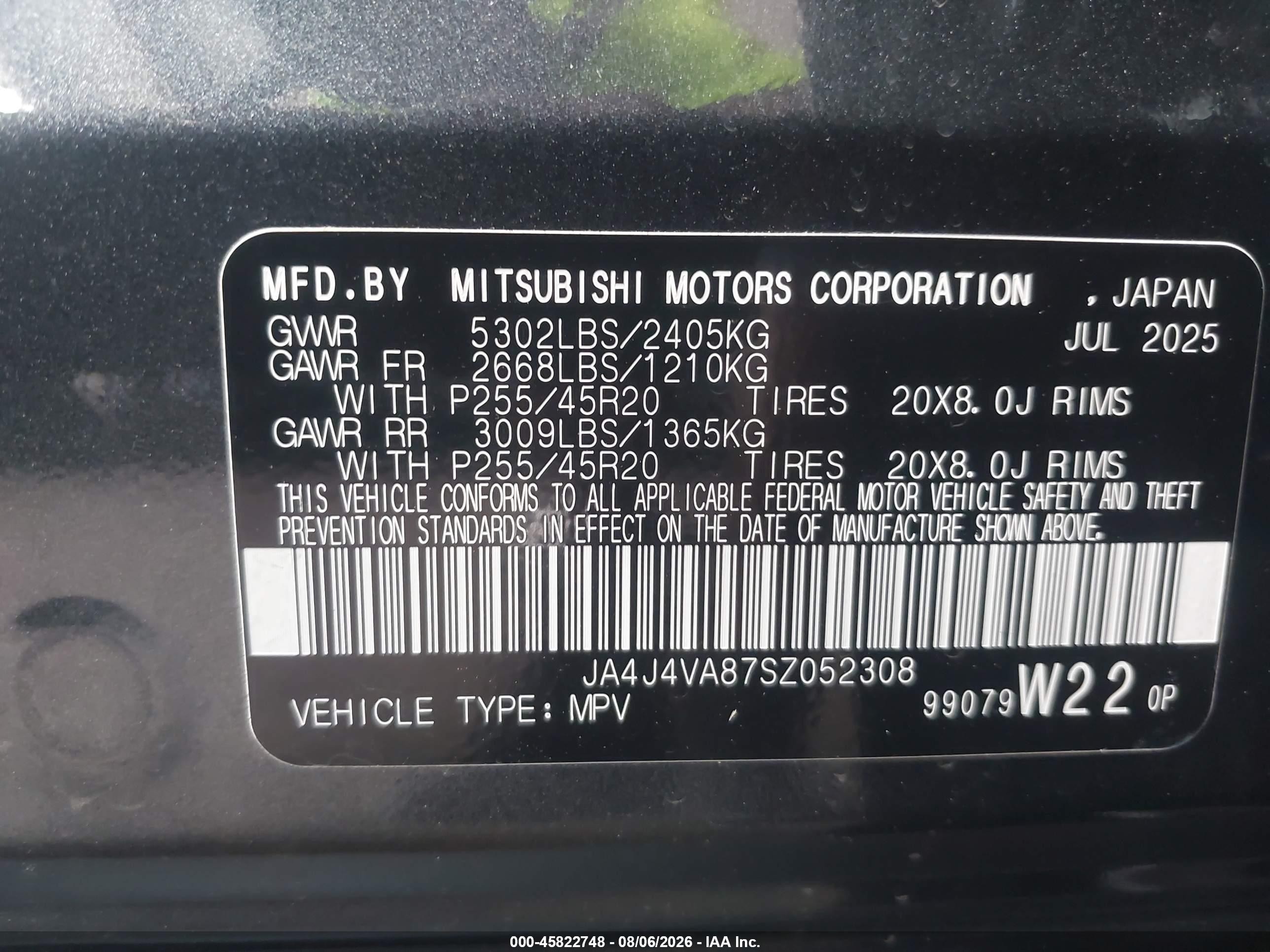 2025 Mitsubishi Outlander VIN JA4J4VA87SZ052308 IAAI salvage auction — Rear End, Wait Title, sold $7,600 on 2026-09-20 (photo 9)