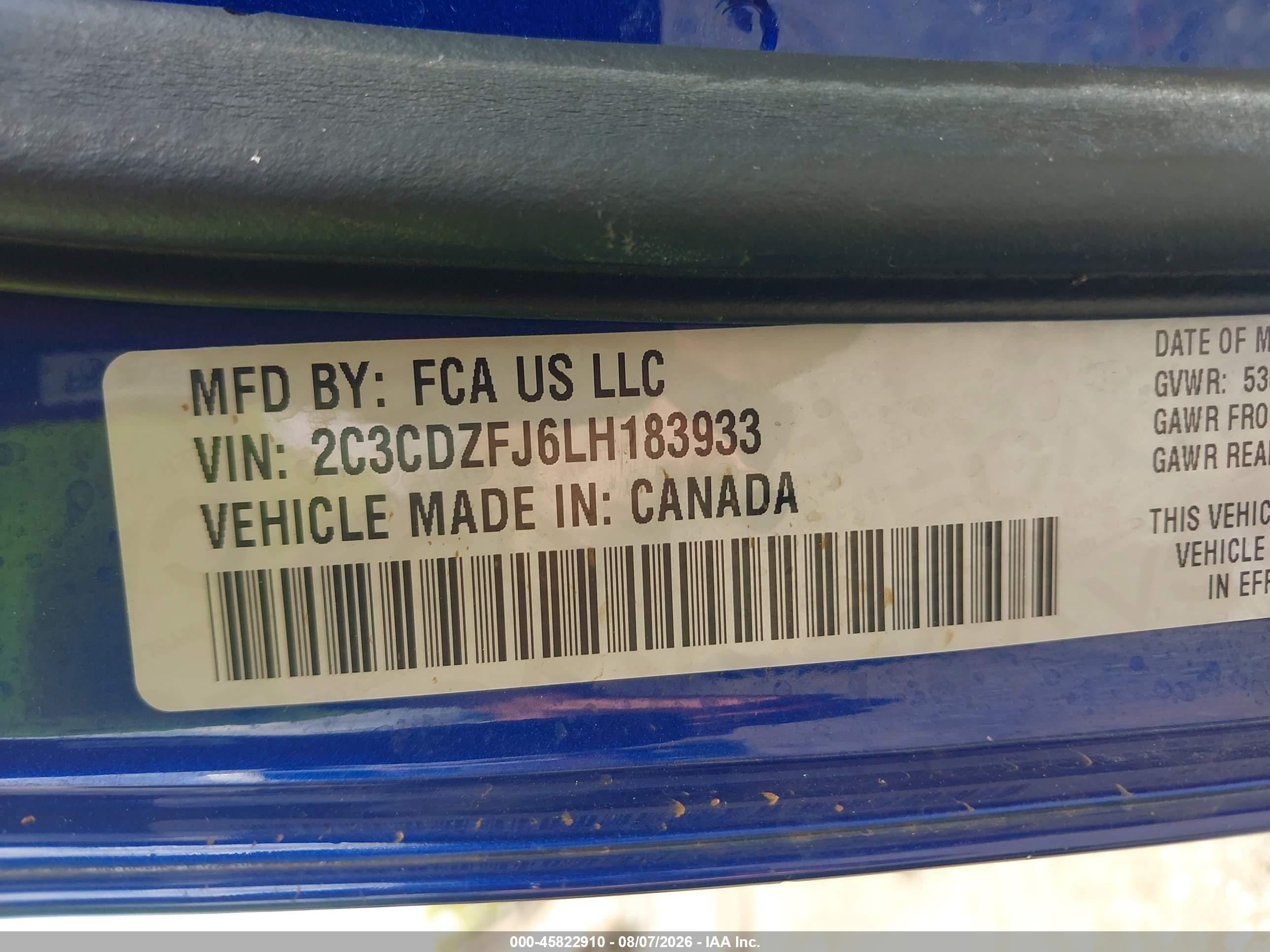2020 Dodge Challenger VIN 2C3CDZFJ6LH183933 IAAI salvage auction — Water/Flood, Certificate Of Destruction (Louisiana), sold $8,275 on 2026-09-18 (photo 9)