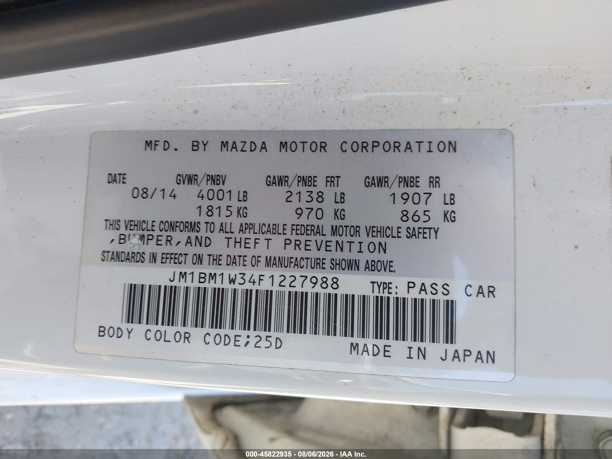 2015 Mazda 3 VIN JM1BM1W34F1227988 IAAI salvage auction — Front End, Salvage (California), sold $1,850 on 2026-09-11 (photo 9)
