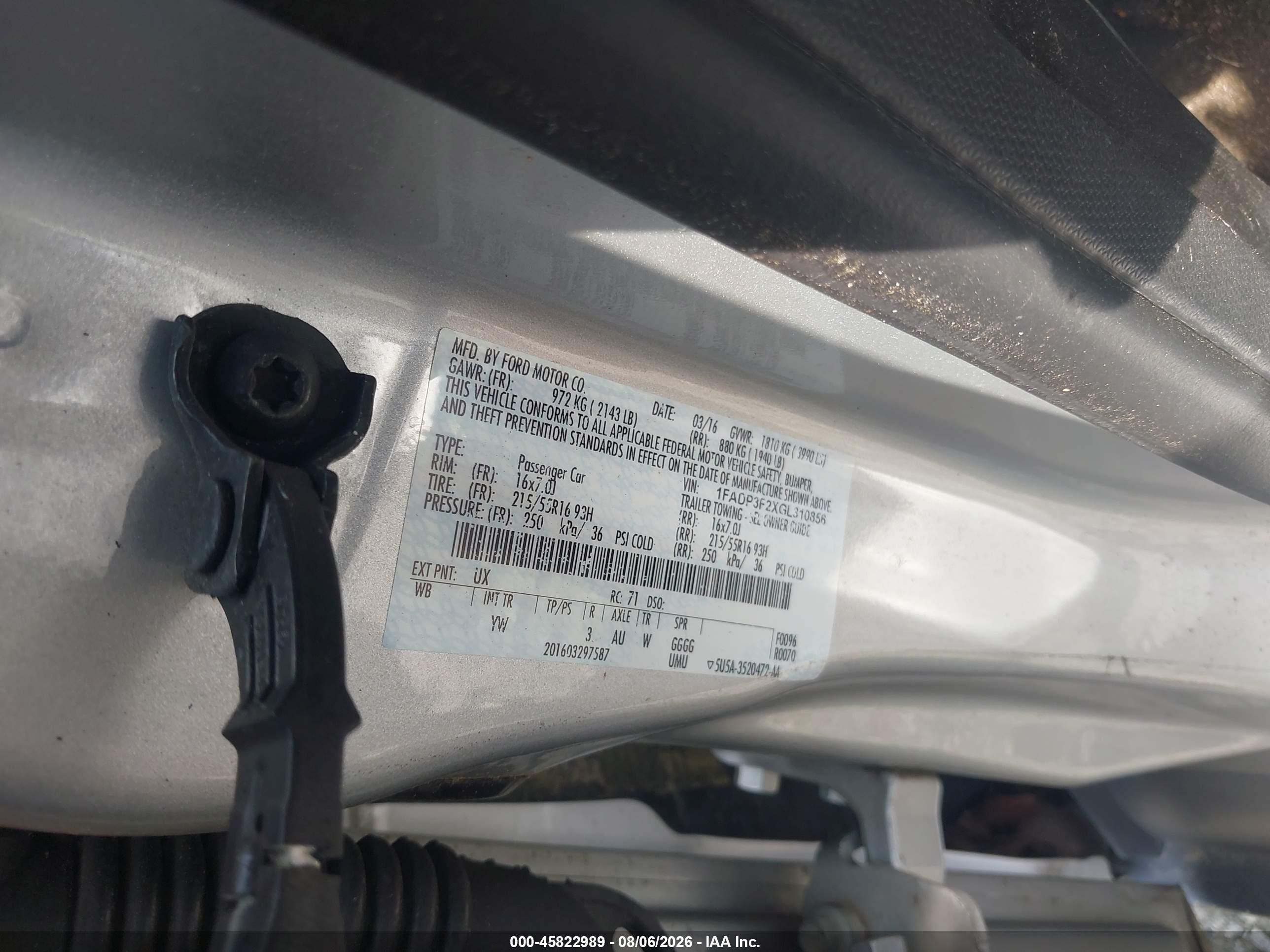 2016 Ford Focus VIN 1FADP3F2XGL310856 IAAI salvage auction — Rear End, Salvage (Georgia), sold $1,100 on 2026-10-08 (photo 9)