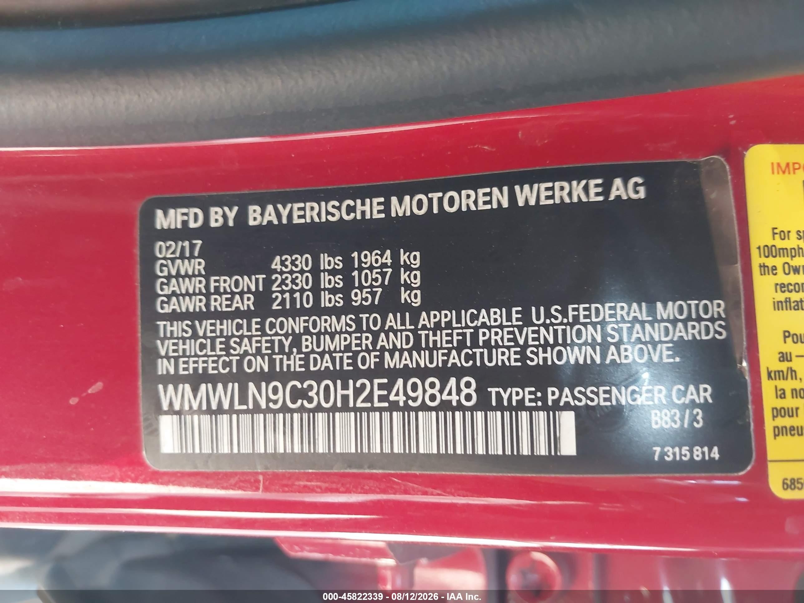 2017 Mini Clubman VIN WMWLN9C30H2E49848 IAAI salvage auction — Front End, Clear (Oklahoma), sold $2,500 on 2026-09-19 (photo 9)