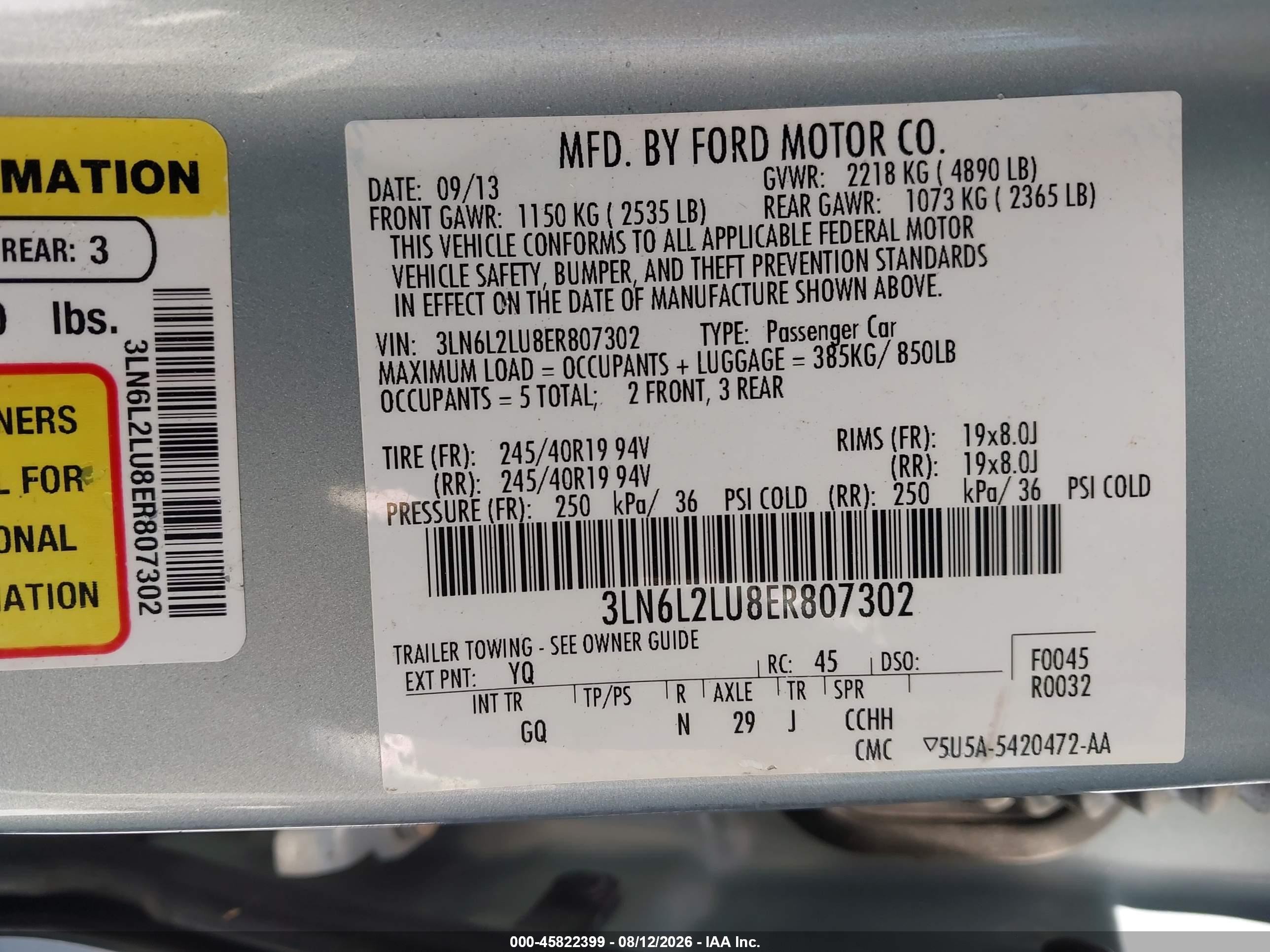 2014 Lincoln Mkz VIN 3LN6L2LU8ER807302 IAAI salvage auction — Normal Wear, Clear (Texas), sold $825 on 2026-09-03 (photo 9)