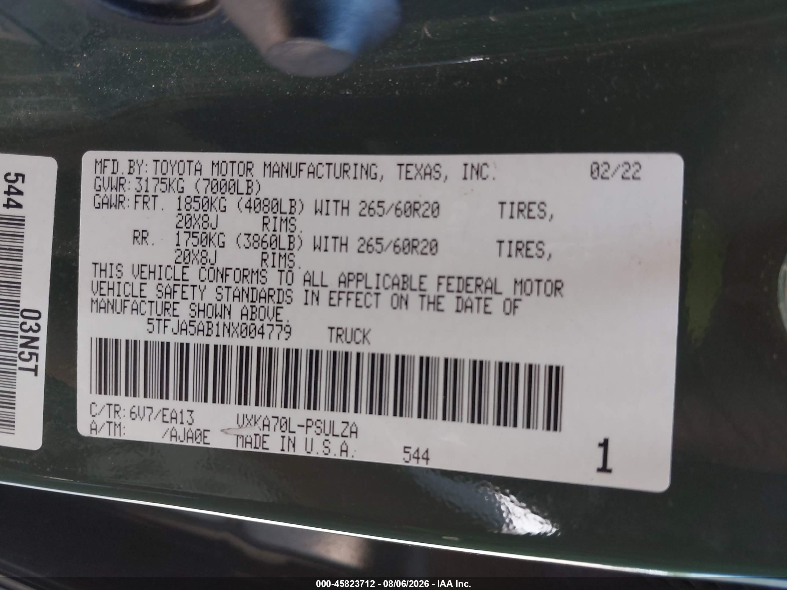 2022 Toyota Tundra VIN 5TFJA5AB1NX004779 IAAI salvage auction — Front End, Original (Texas), sold $24,800 on 2026-08-13 (photo 9)