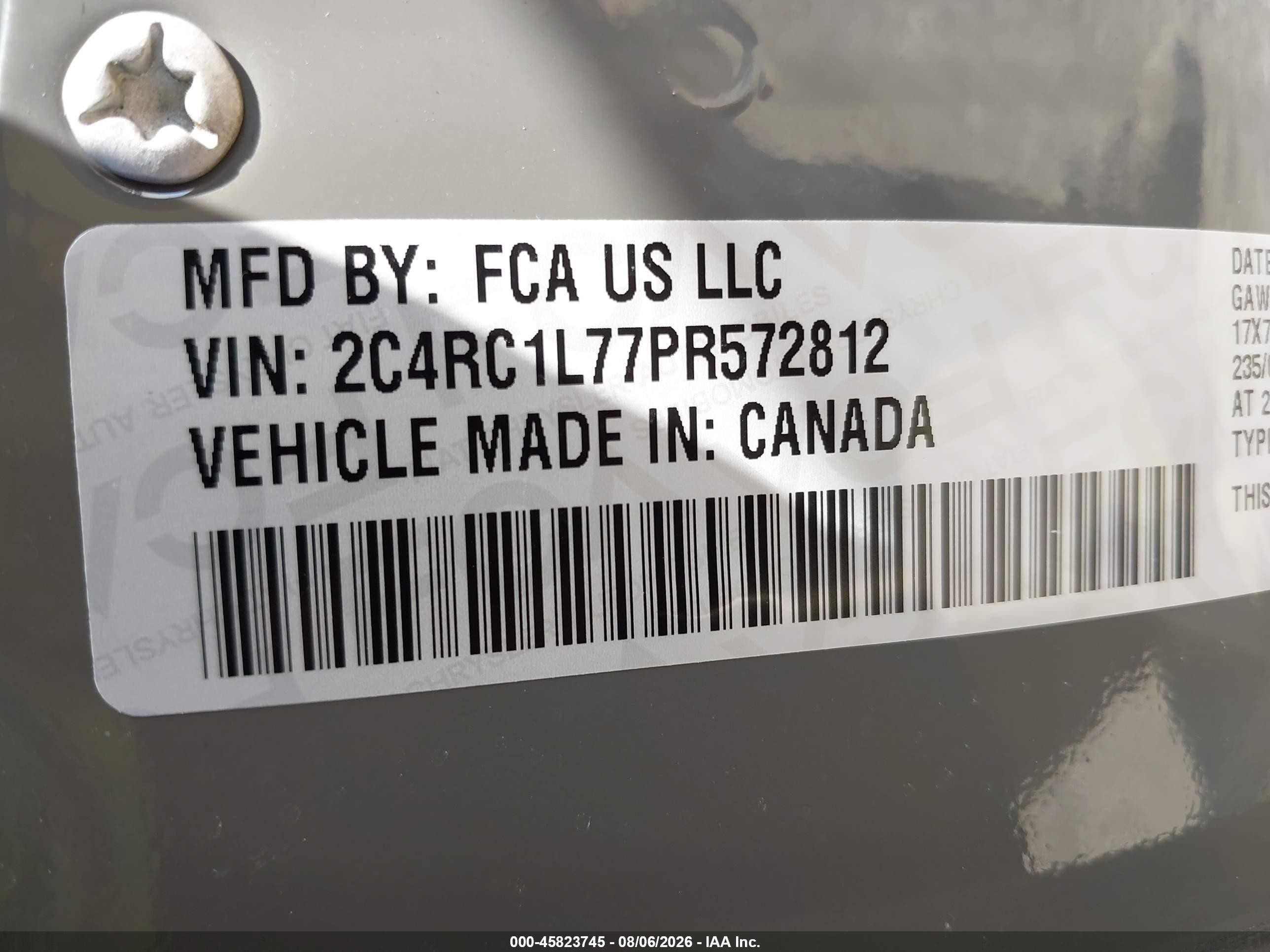 2023 Chrysler Pacifica VIN 2C4RC1L77PR572812 IAAI salvage auction — Rear End, Original (Texas), sold $23,500 on 2026-08-22 (photo 9)