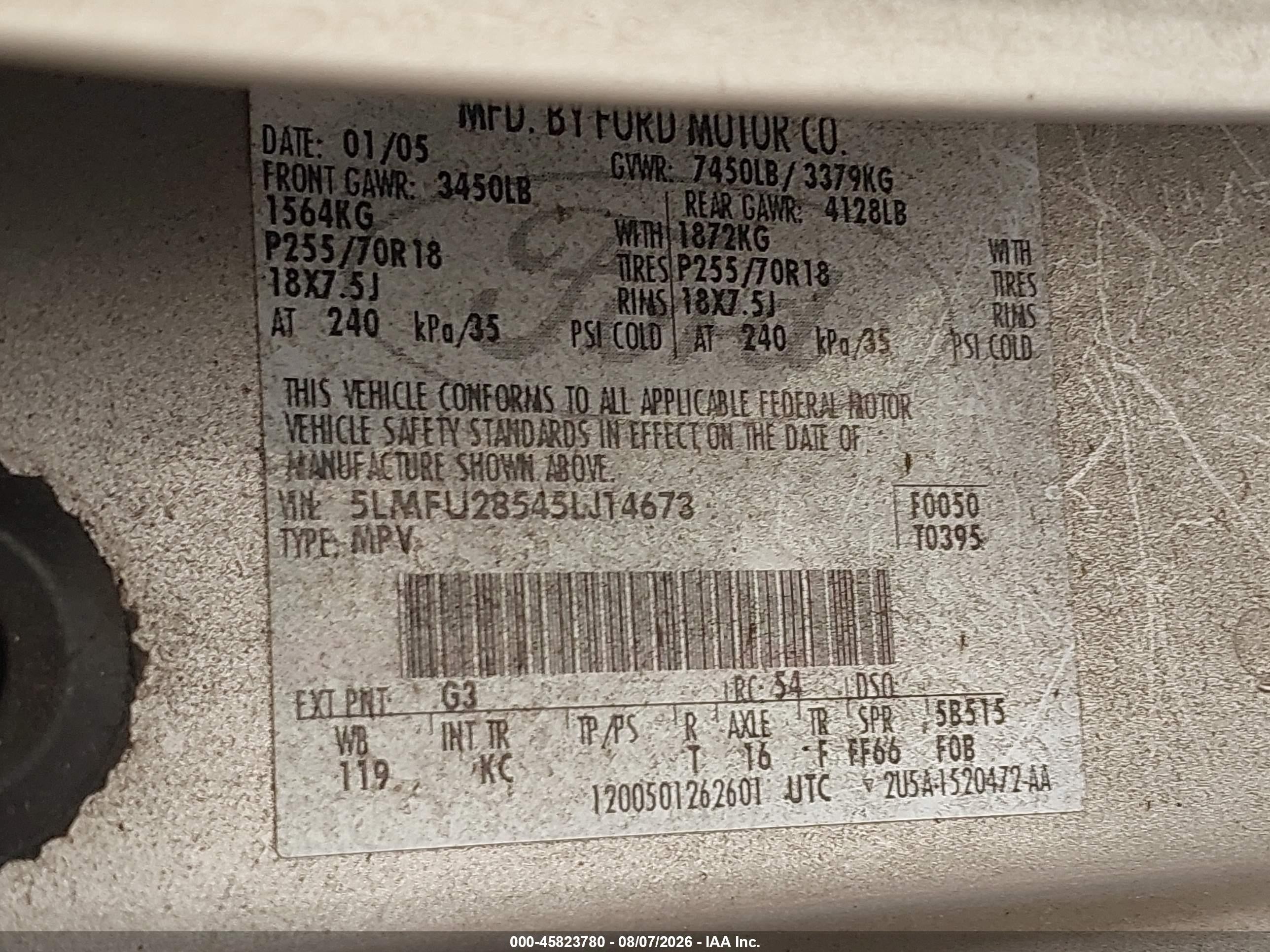 2005 Lincoln Navigator VIN 5LMFU28545LJ14673 IAAI salvage auction — Side, Bill Of Sale (Washington), sold $350 on 2026-09-14 (photo 9)