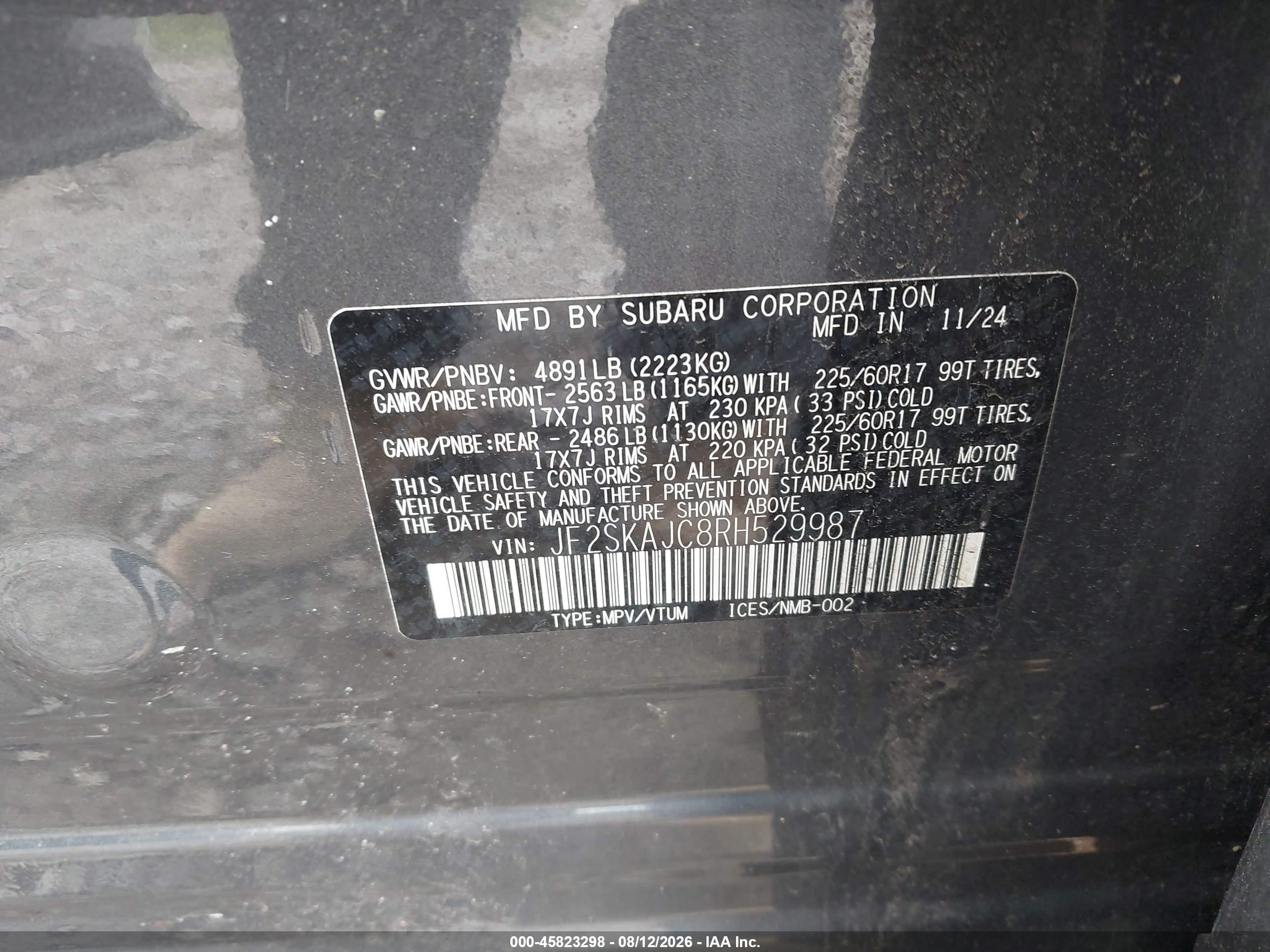 2024 Subaru Forester VIN JF2SKAJC8RH529987 IAAI salvage auction — Side, Salvage (Pennsylvania), sold $9,300 on 2026-09-12 (photo 9)