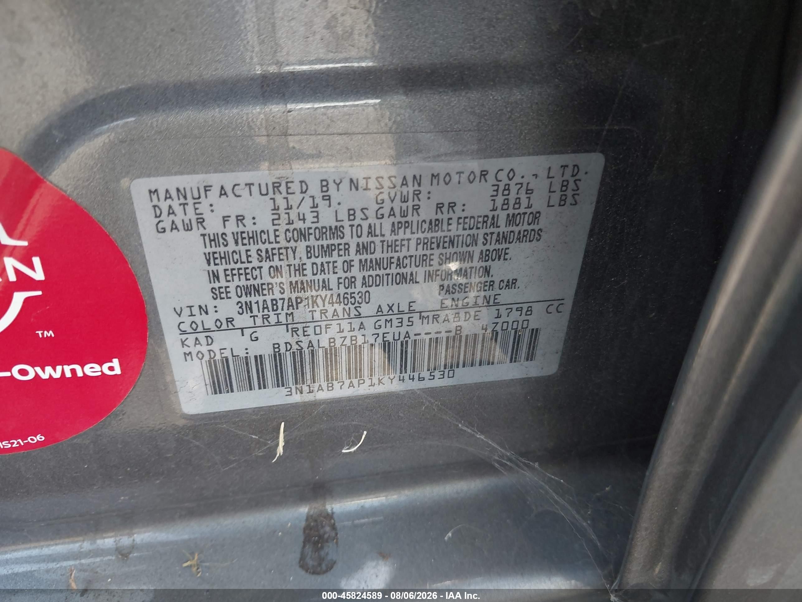 2019 Nissan Sentra VIN 3N1AB7AP1KY446530 IAAI salvage auction — Unknown, Salvage Certificate (California), sold $1,350 on 2026-09-14 (photo 9)
