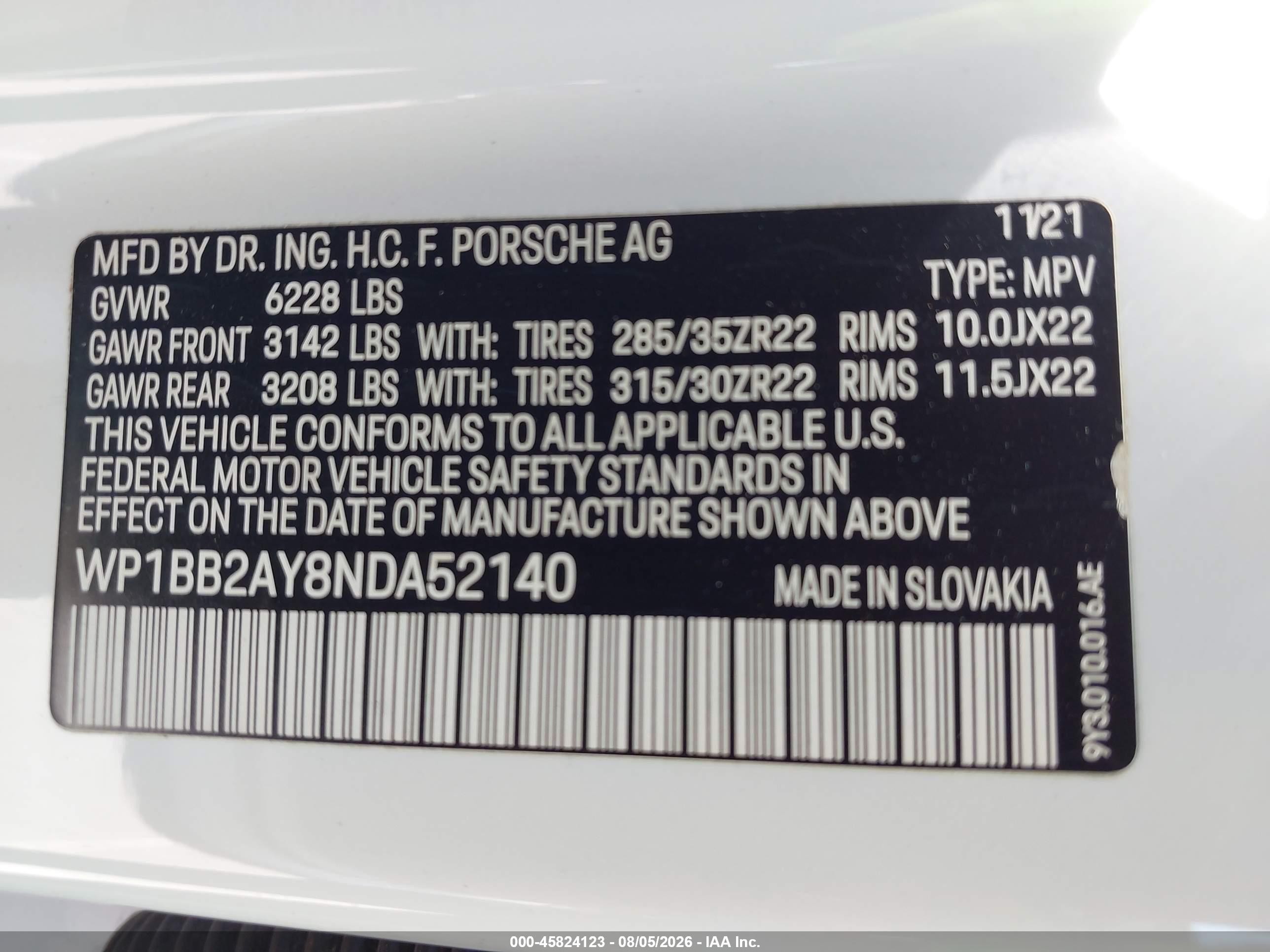 2022 Porsche Cayenne VIN WP1BB2AY8NDA52140 IAAI salvage auction — Normal Wear, Clear (Montana), sold $16,150 on 2026-08-17 (photo 9)
