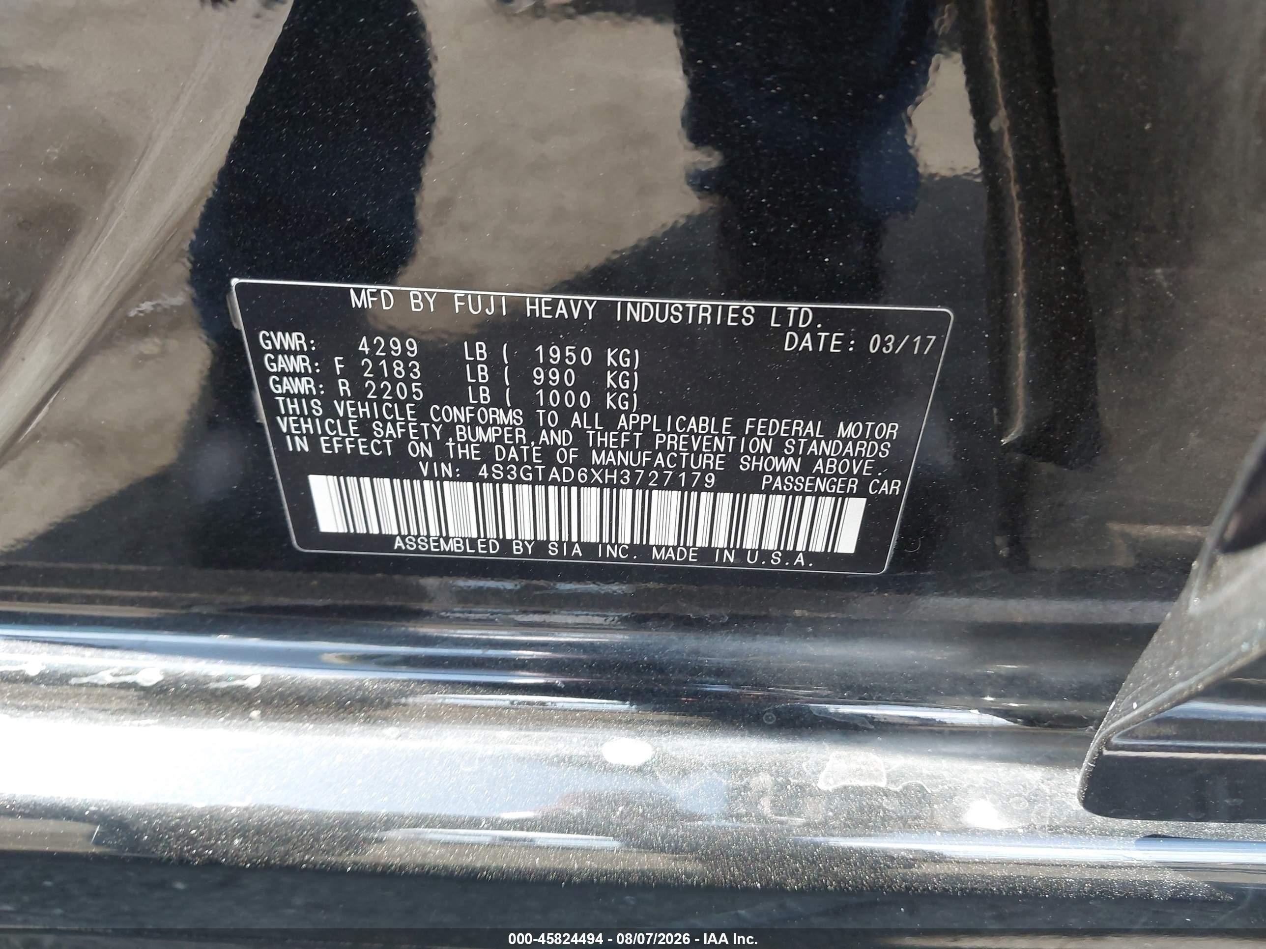 2017 Subaru Impreza VIN 4S3GTAD6XH3727179 IAAI salvage auction — Side, Salvage Certificate (California), sold $1,250 on 2026-09-13 (photo 9)