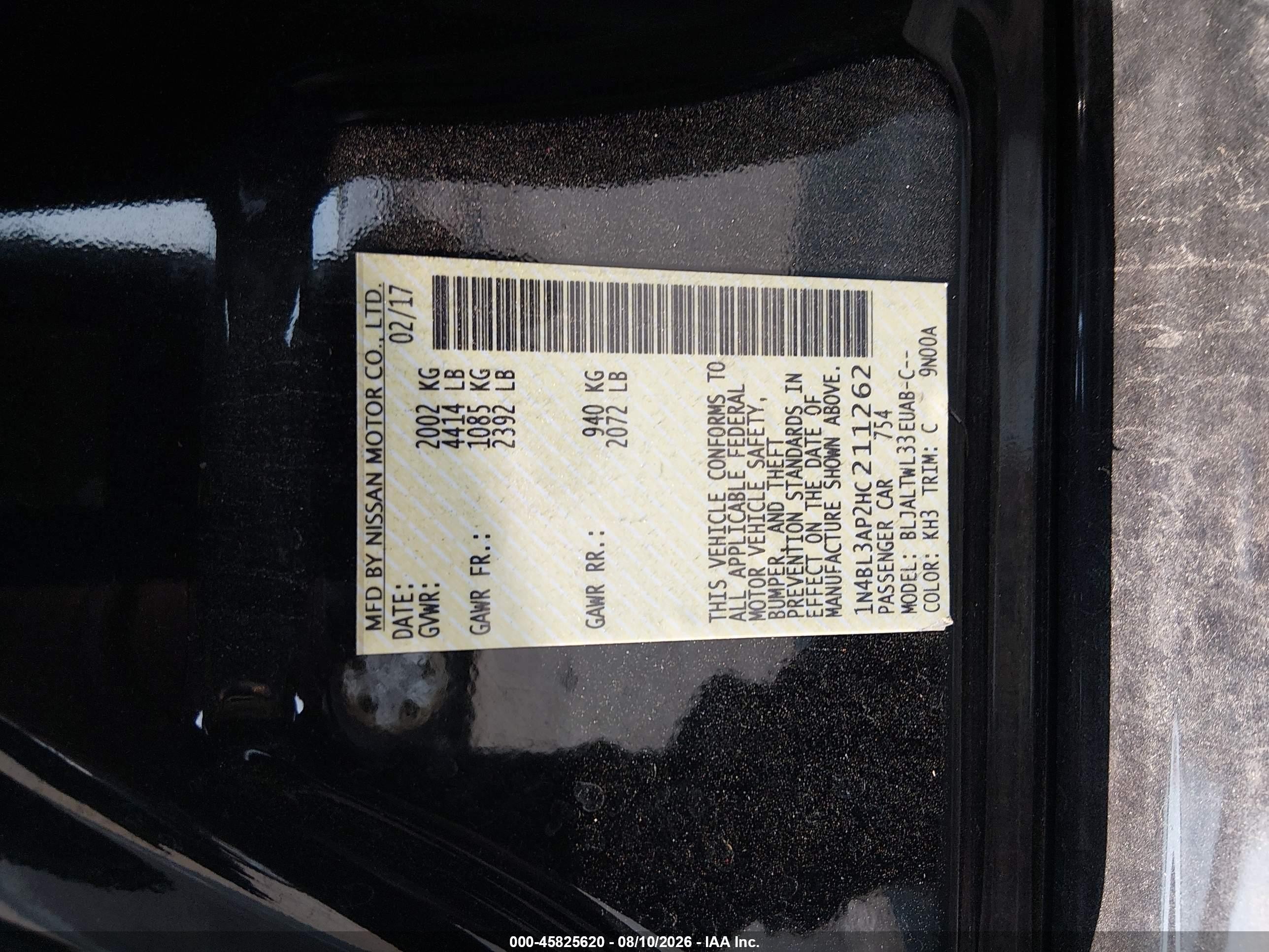2017 Nissan Altima VIN 1N4BL3AP2HC211262 IAAI salvage auction — Front End, Clear (New Jersey), sold $925 on 2026-09-08 (photo 9)