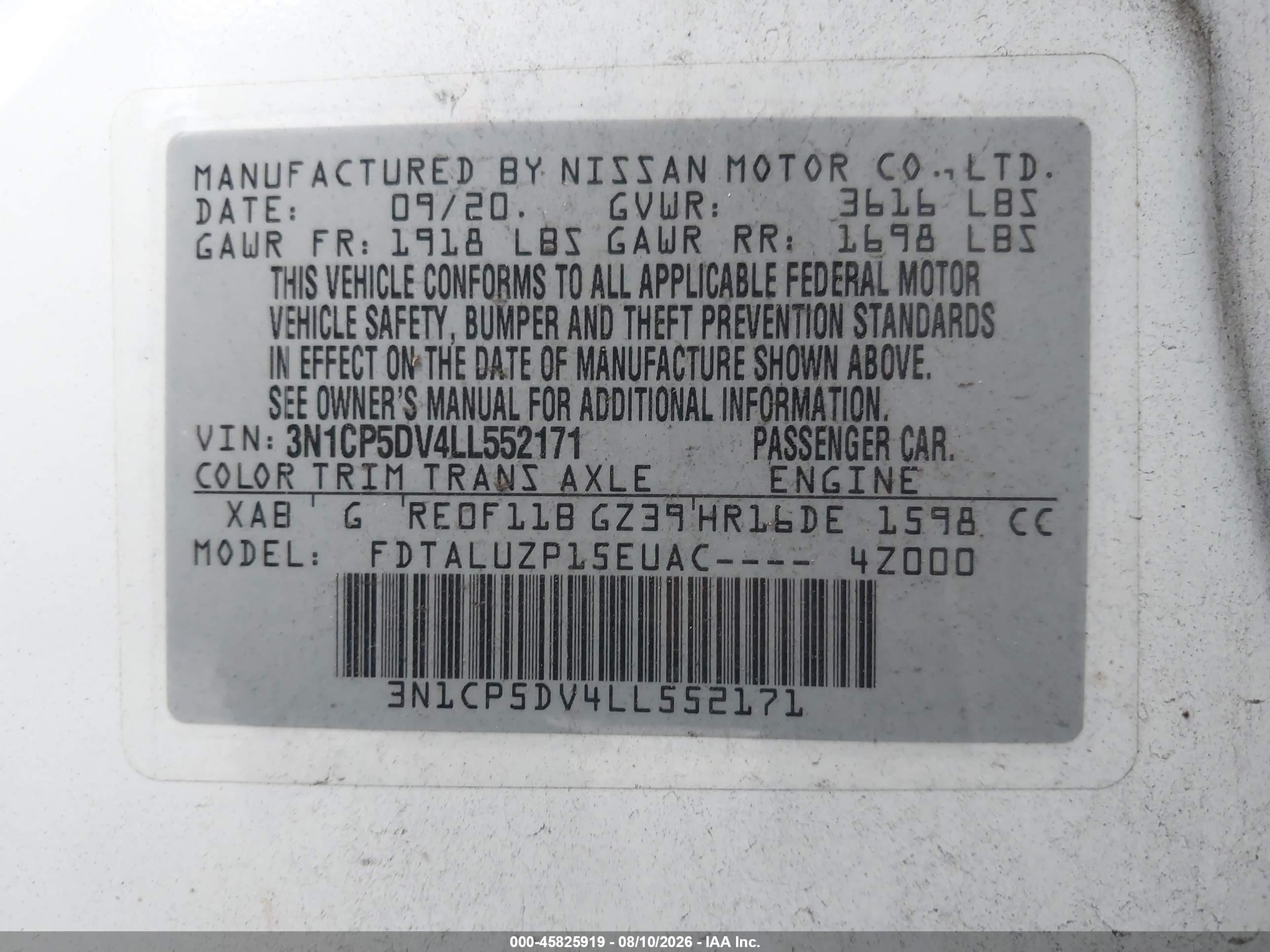 2020 Nissan Kicks VIN 3N1CP5DV4LL552171 IAAI salvage auction — Unknown, Salvage (California), sold $4,300 on 2026-09-10 (photo 9)
