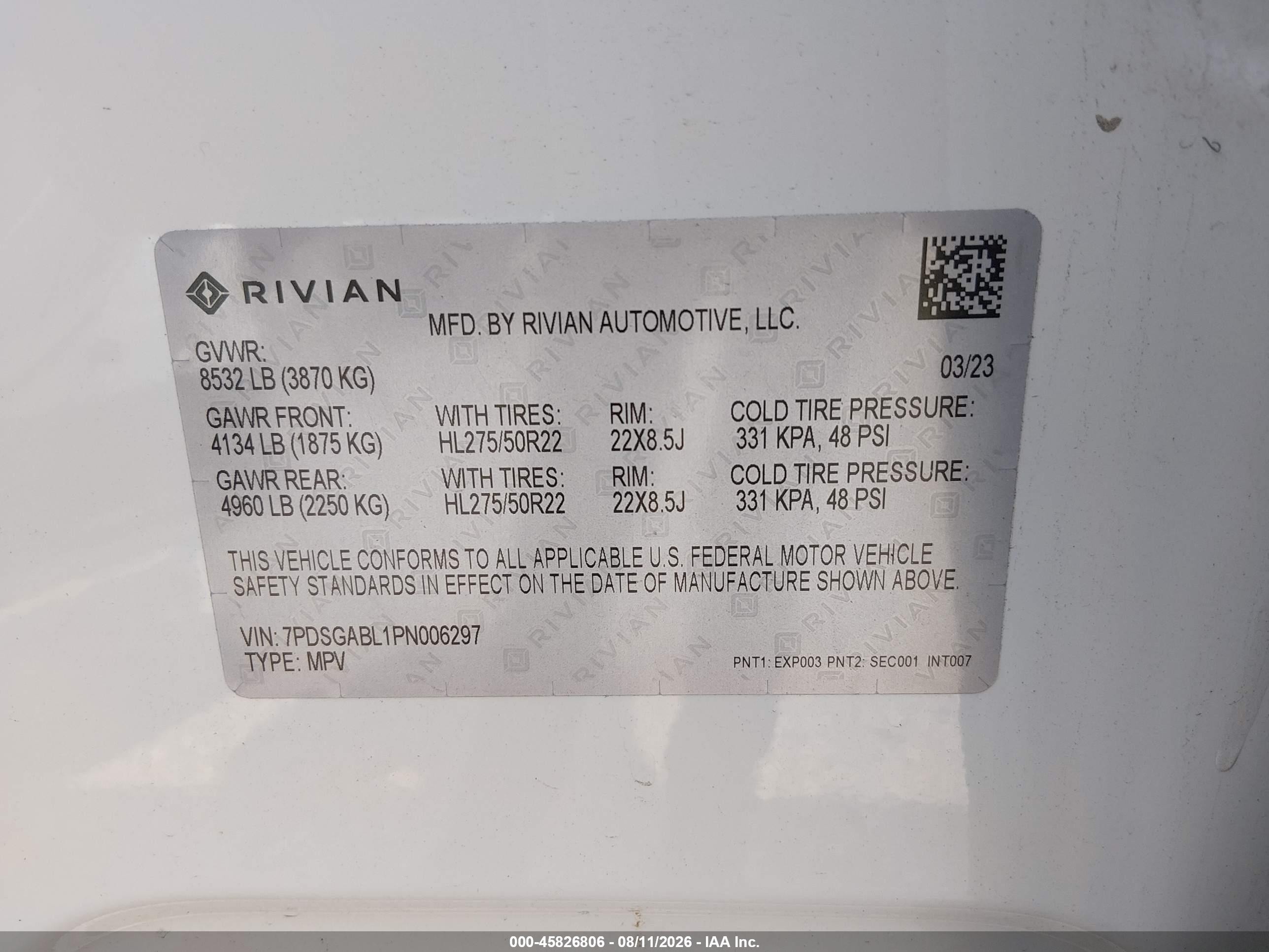 2023 Rivian R1s VIN 7PDSGABL1PN006297 IAAI salvage auction — Rear End, Salvage - Greater Than 75% (Maryland), sold $18,100 on 2026-09-30 (photo 9)