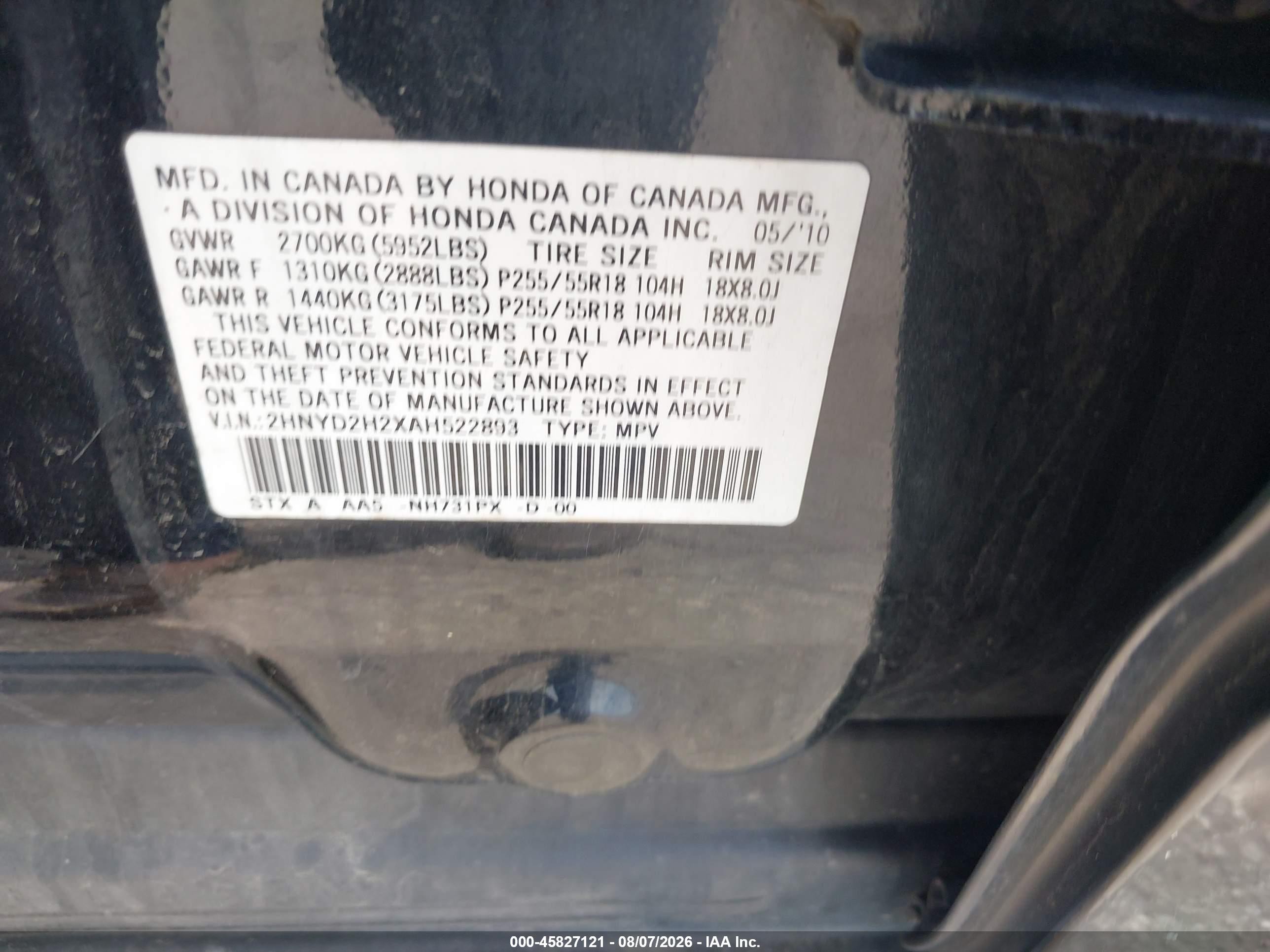 2010 Acura MDX VIN 2HNYD2H2XAH522893 IAAI salvage auction — Top/Roof, Salvage (Pennsylvania), sold $475 on 2026-09-25 (photo 9)