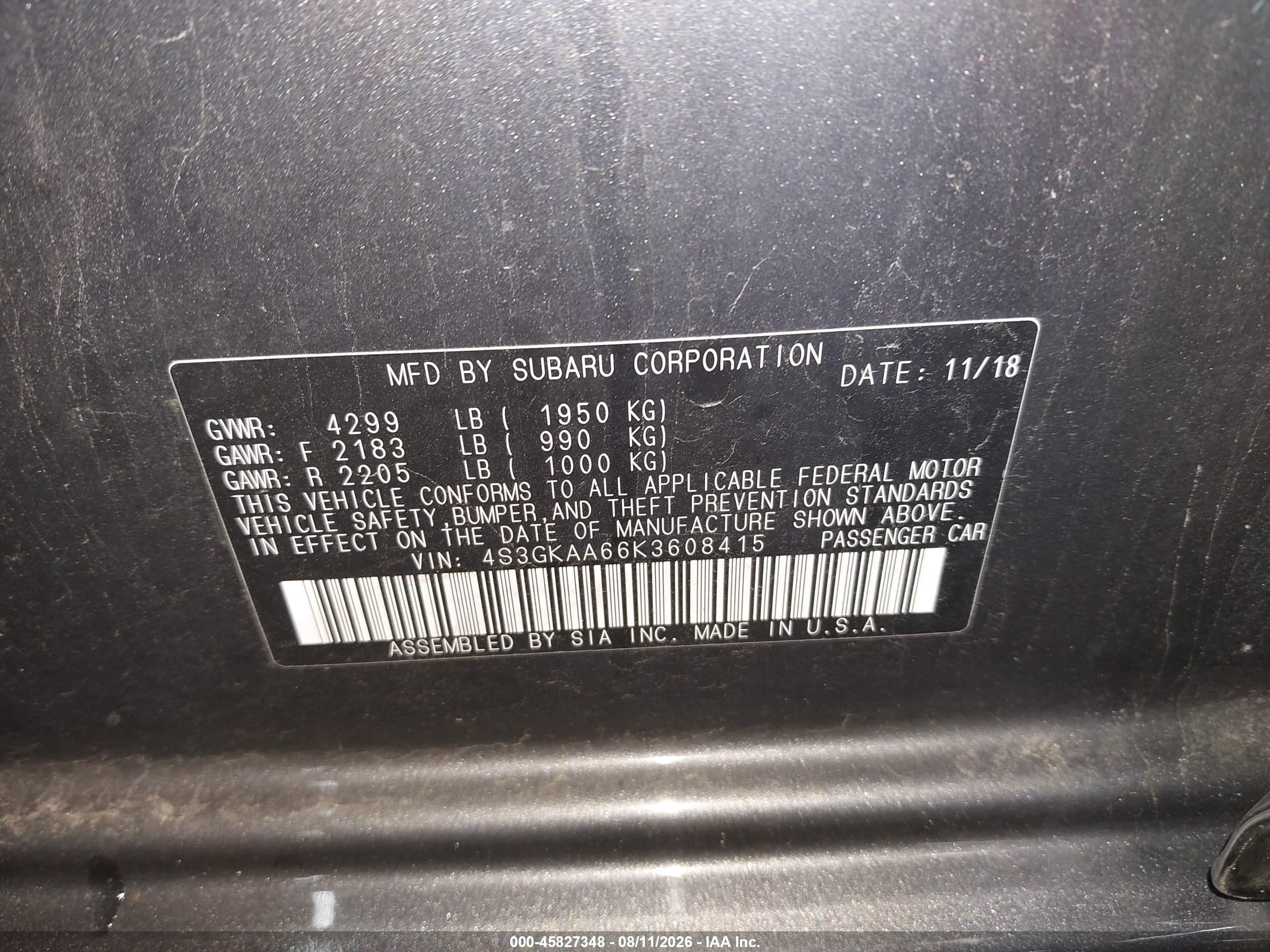 2019 Subaru Impreza VIN 4S3GKAA66K3608415 IAAI salvage auction — Hail, Salvage (Pennsylvania), sold $5,200 on 2026-08-16 (photo 9)
