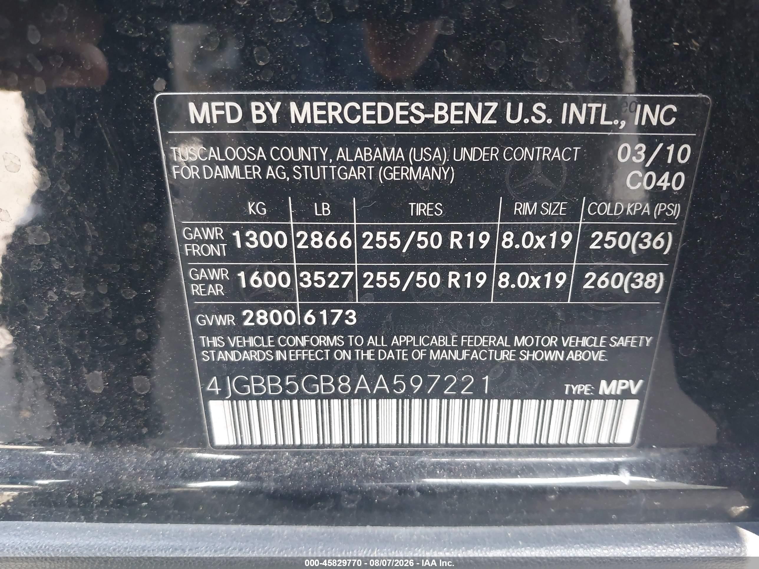 2010 Mercedes-Benz ML-Class VIN 4JGBB5GB8AA597221 IAAI salvage auction — Rear End, Salvage Certificate (California), sold $925 on 2026-09-13 (photo 9)
