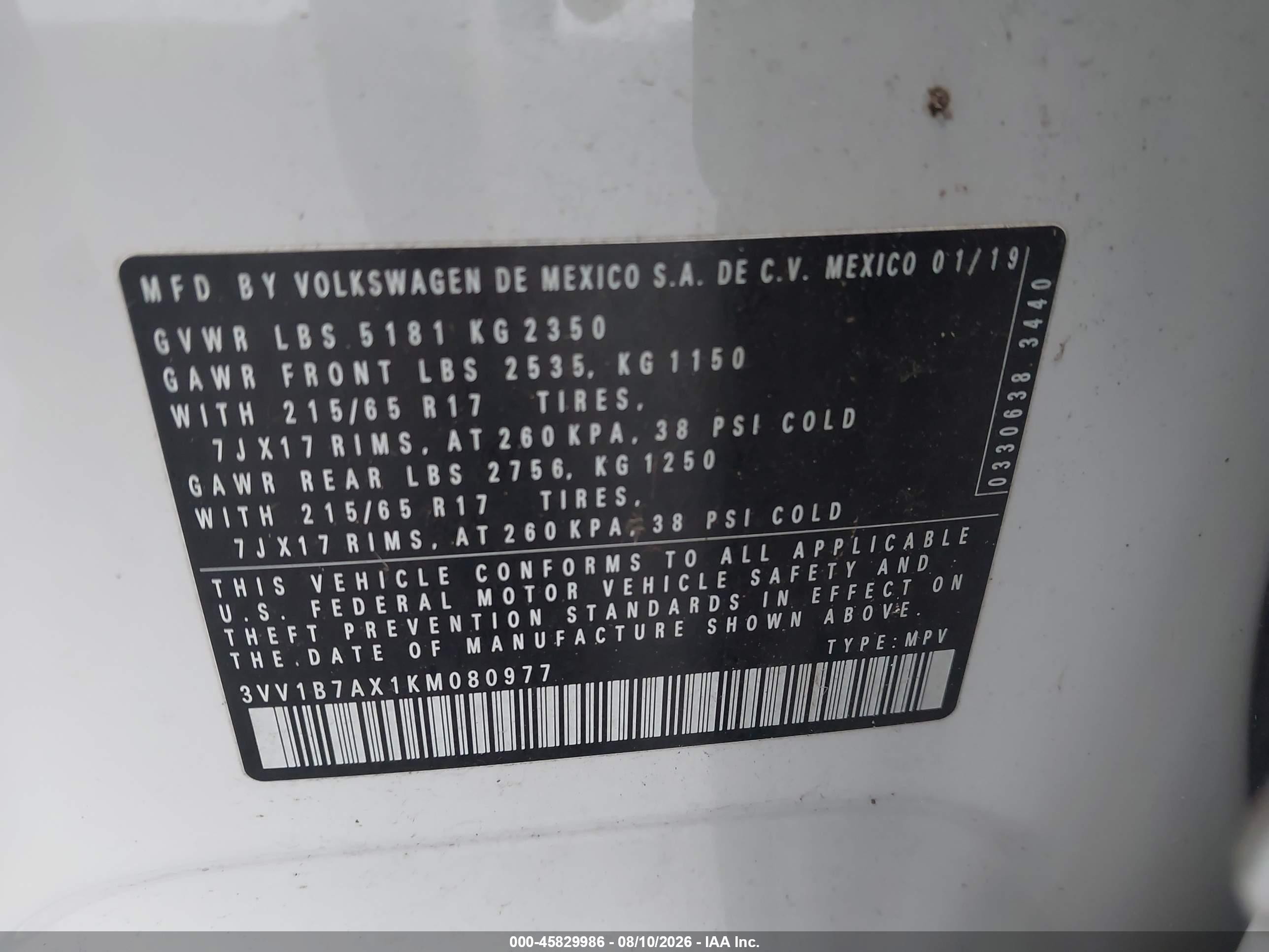 2019 Volkswagen Tiguan VIN 3VV1B7AX1KM080977 IAAI salvage auction — Unknown, Rebuildable (Florida), sold $3,500 on 2026-09-05 (photo 9)