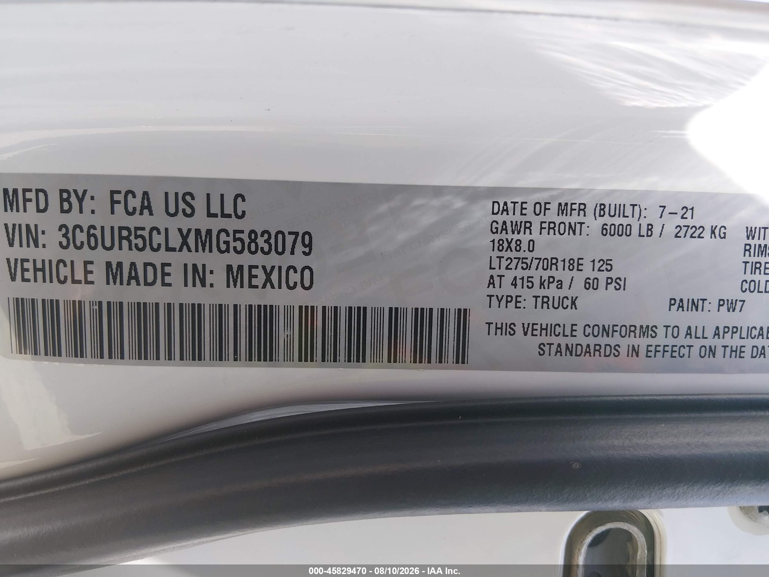 2021 Ram 2500 VIN 3C6UR5CLXMG583079 IAAI salvage auction — Front End, Salvage (Idaho), sold $12,400 on 2026-10-07 (photo 9)