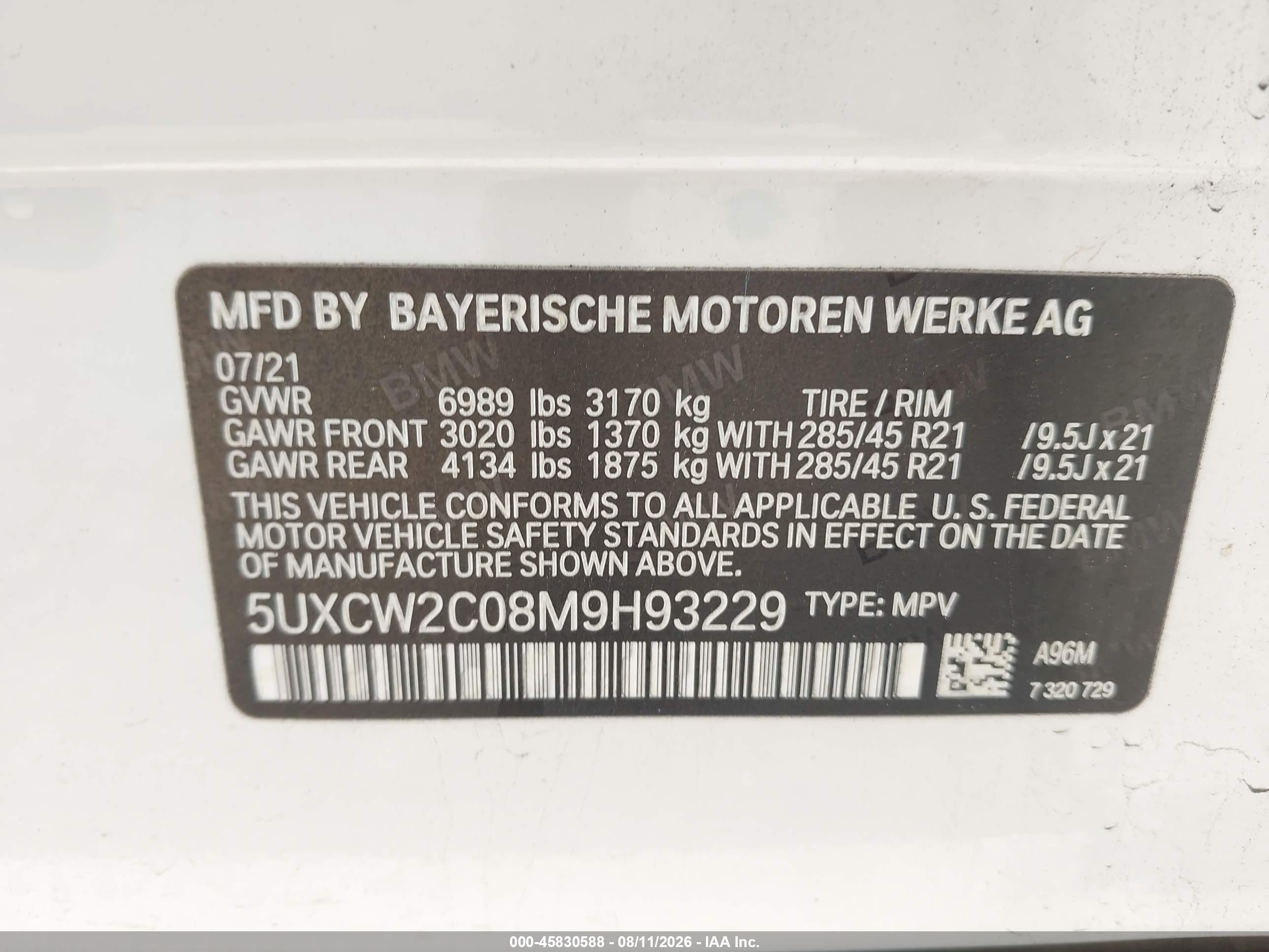 2021 BMW X7 VIN 5UXCW2C08M9H93229 IAAI salvage auction — Unknown, Salvage (Pennsylvania), sold $24,100 on 2026-08-26 (photo 9)