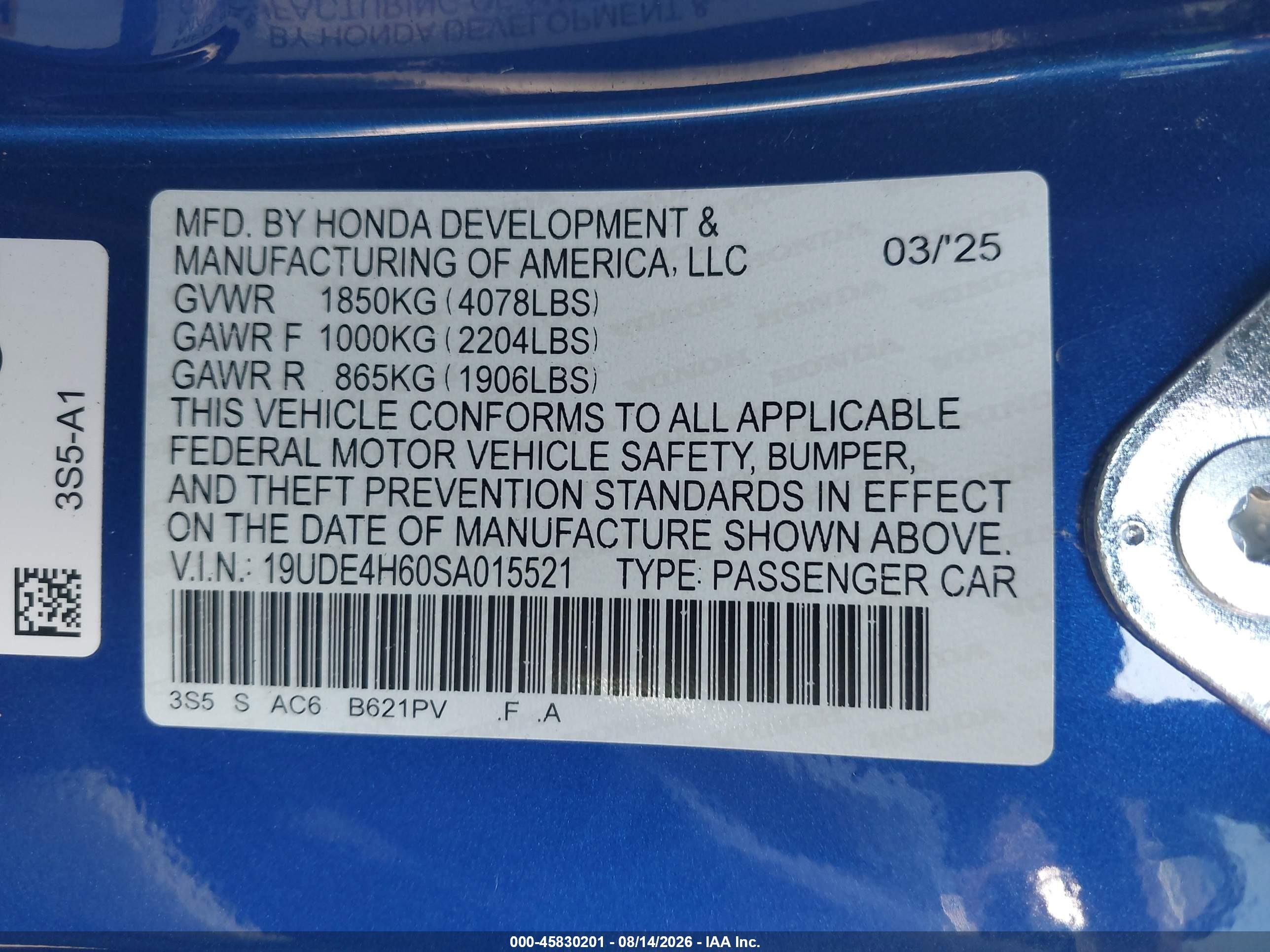 2025 Acura Integra VIN 19UDE4H60SA015521 IAAI salvage auction — Side, Wait Title, sold $9,000 on 2026-09-20 (photo 9)