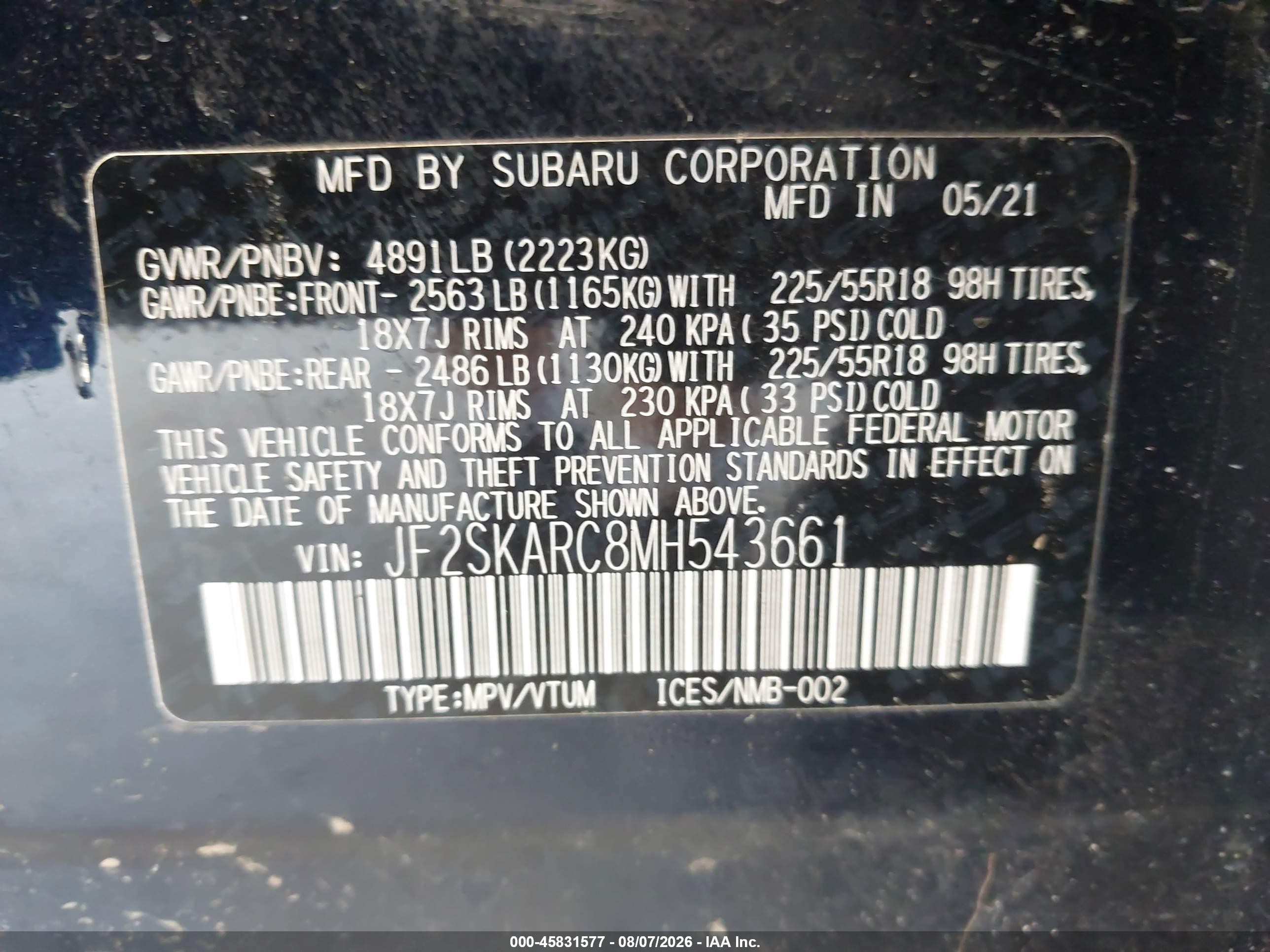 2021 Subaru Forester VIN JF2SKARC8MH543661 IAAI salvage auction — All Over, Bill Of Sale (Washington), sold $2,700 on 2026-10-02 (photo 9)