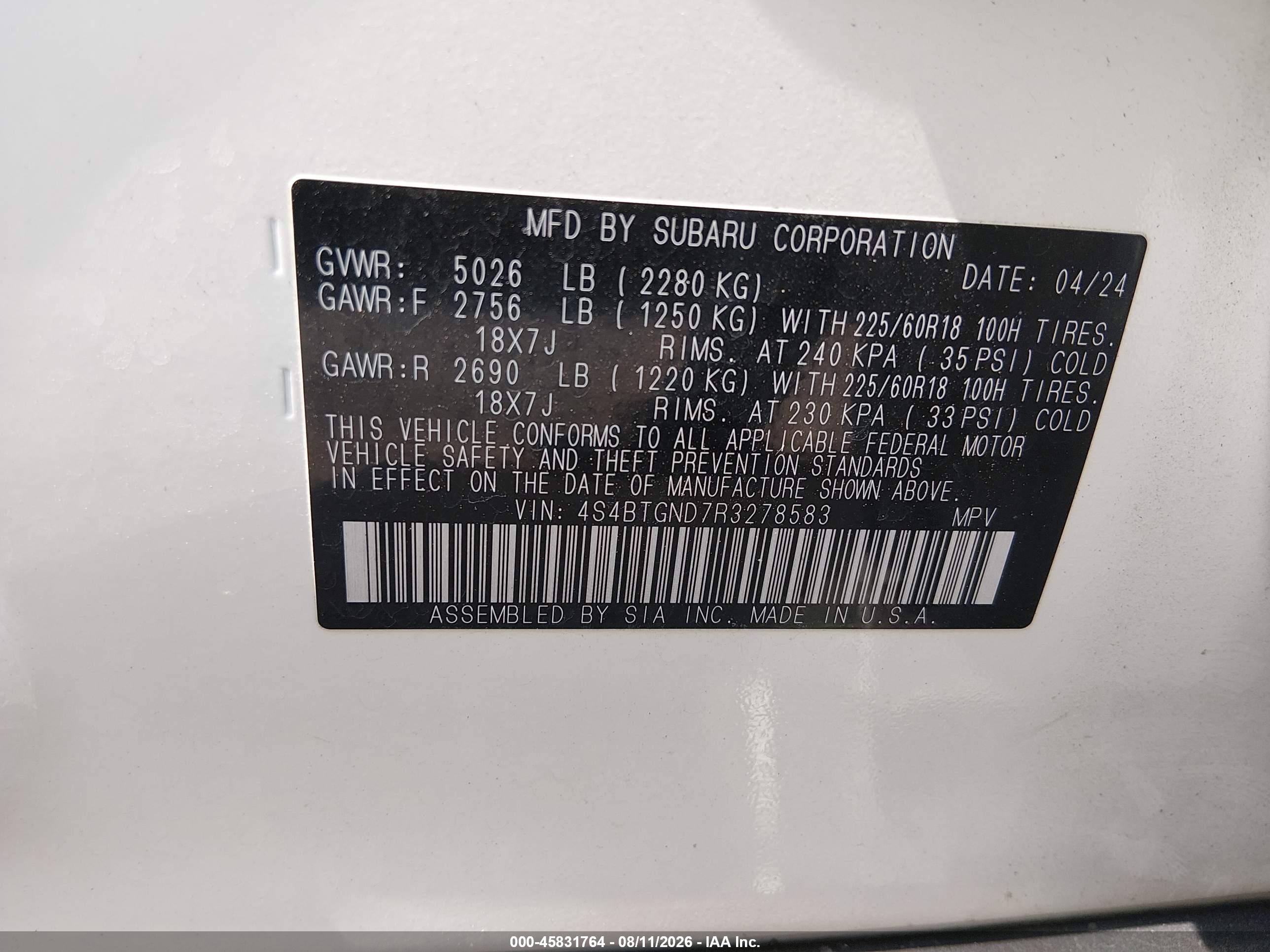 2024 Subaru Outback VIN 4S4BTGND7R3278583 IAAI salvage auction — Side, Salvage (Indiana), sold $8,400 on 2026-09-25 (photo 9)