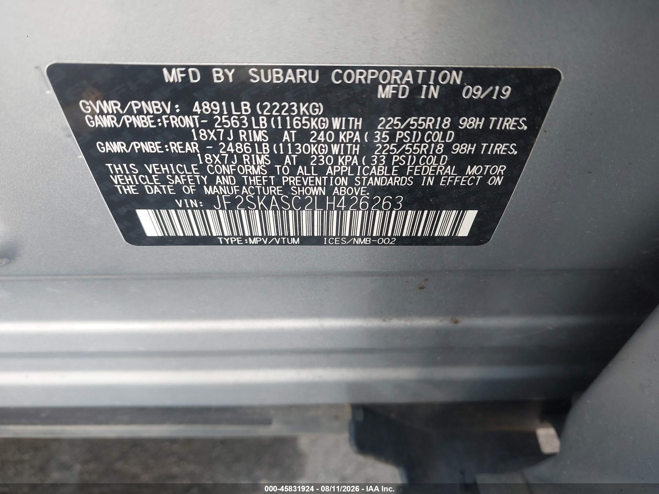 2020 Subaru Forester VIN JF2SKASC2LH426263 IAAI salvage auction — Rear End, Salvage (North Carolina), sold $4,675 on 2026-09-14 (photo 9)