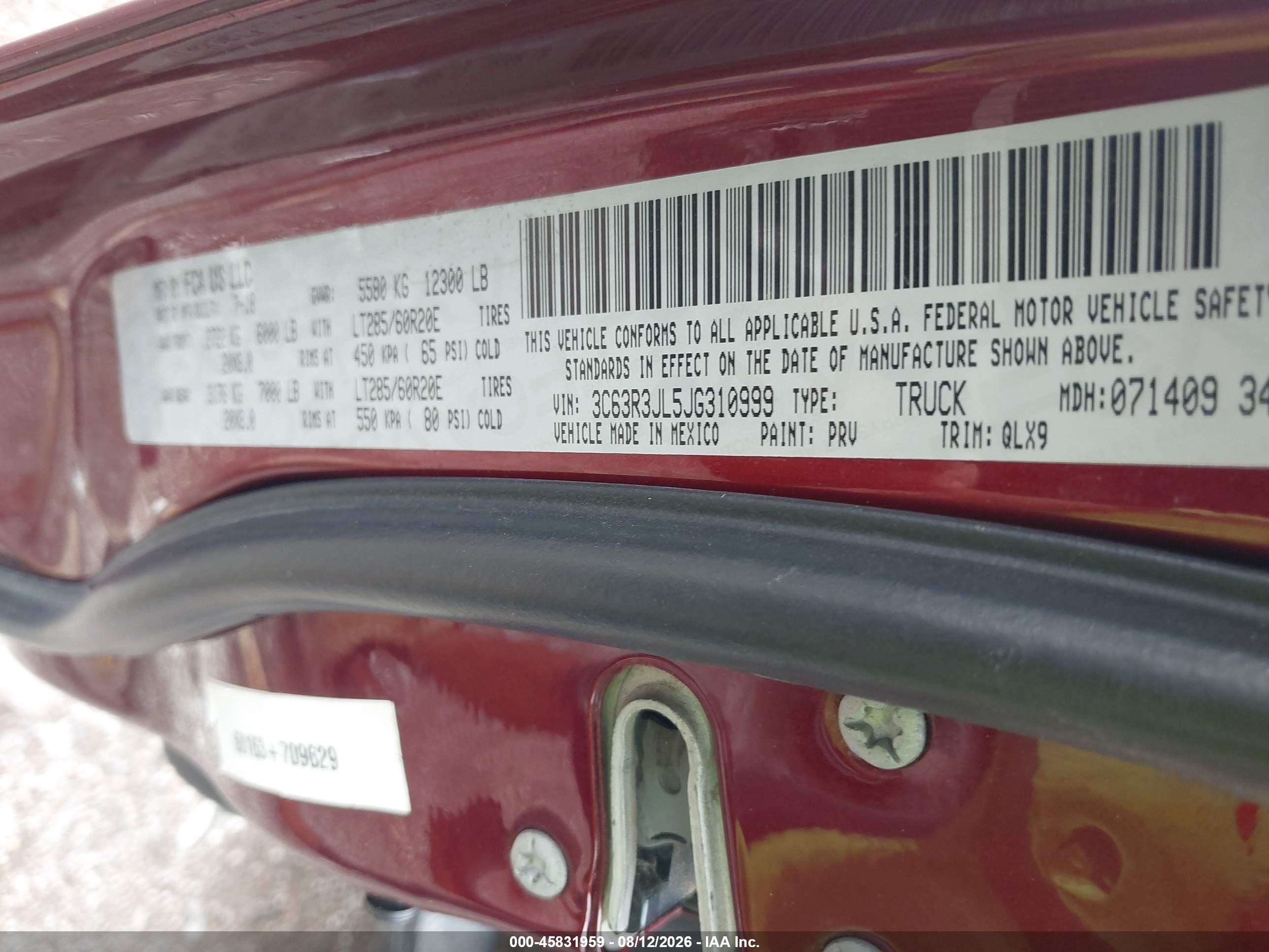2018 Ram 3500 VIN 3C63R3JL5JG310999 IAAI salvage auction — Front End, Clear (Indiana), sold $6,400 on 2026-09-09 (photo 8)
