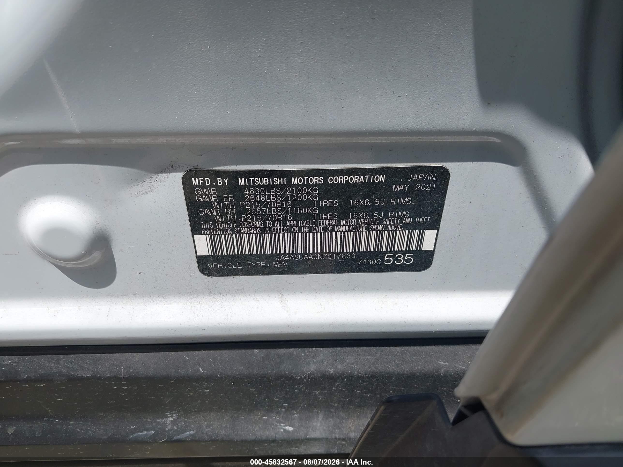2022 Mitsubishi ECLIPSE VIN JA4ASUAA0NZ017830 IAAI salvage auction — Normal Wear, Original (Texas), sold $2,000 on 2026-08-26 (photo 9)