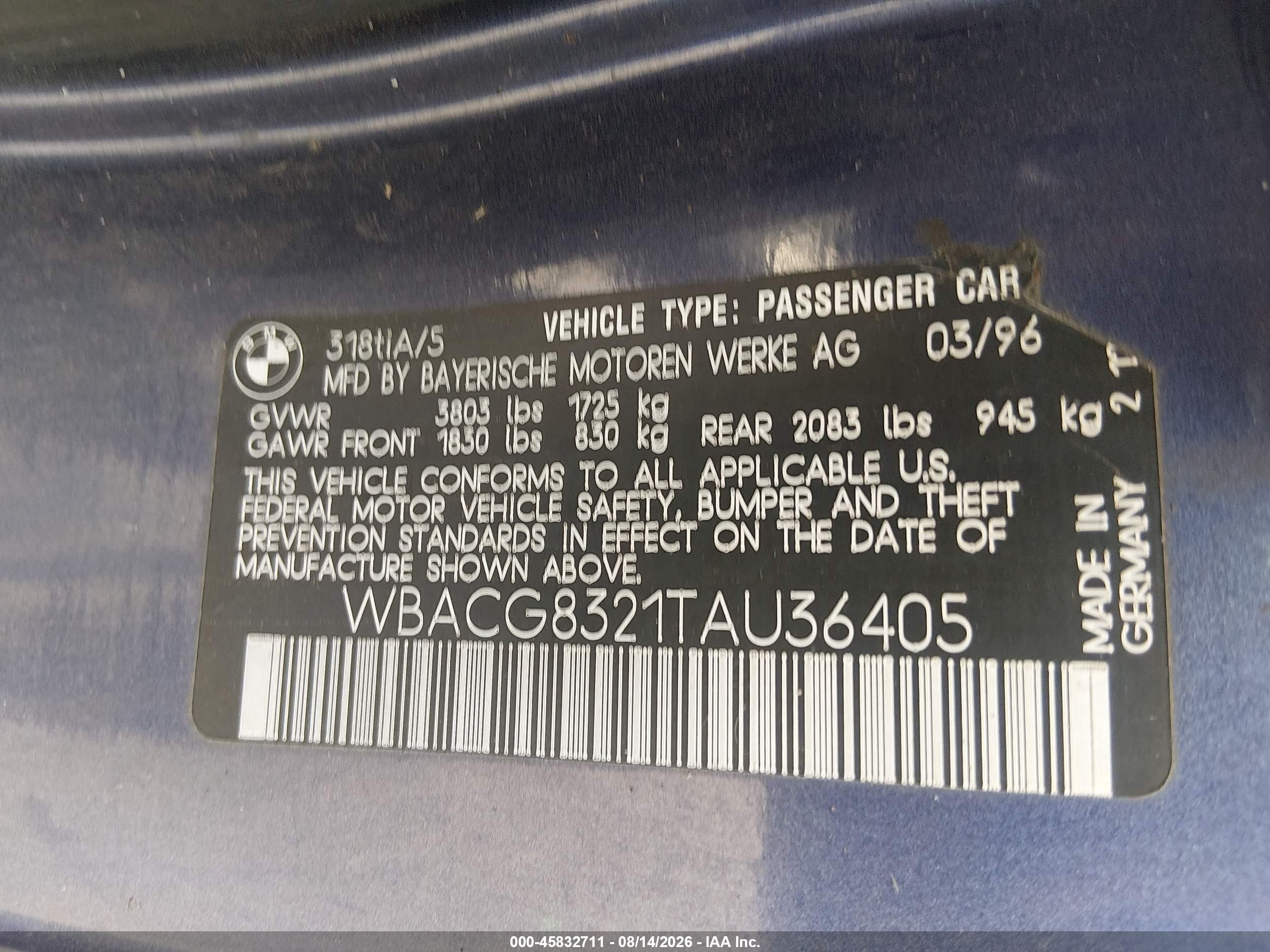 1996 BMW 3 series VIN WBACG8321TAU36405 IAAI salvage auction — Normal Wear, Clear-Dealer Only (Oregon), sold $325 on 2026-08-27 (photo 9)