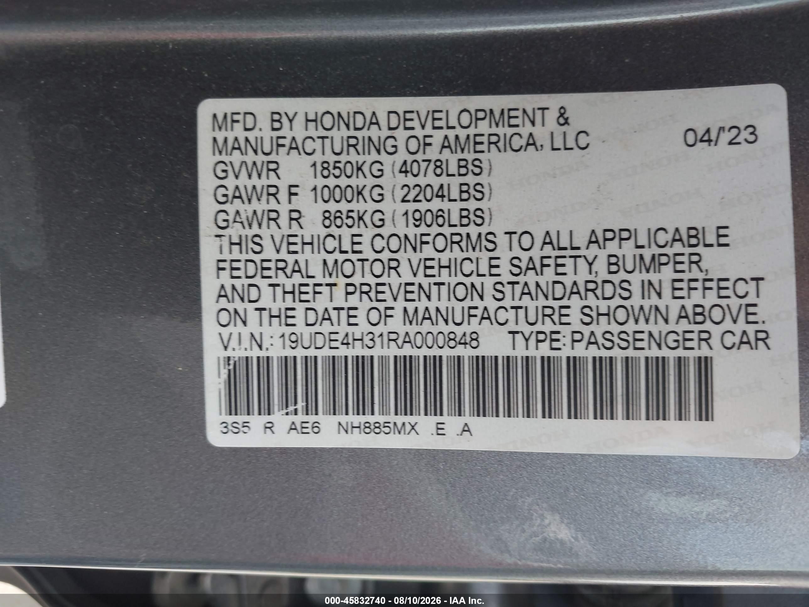 2024 Acura Integra VIN 19UDE4H31RA000848 IAAI salvage auction — Rear End, Original (Texas), sold $12,800 on 2026-09-10 (photo 9)