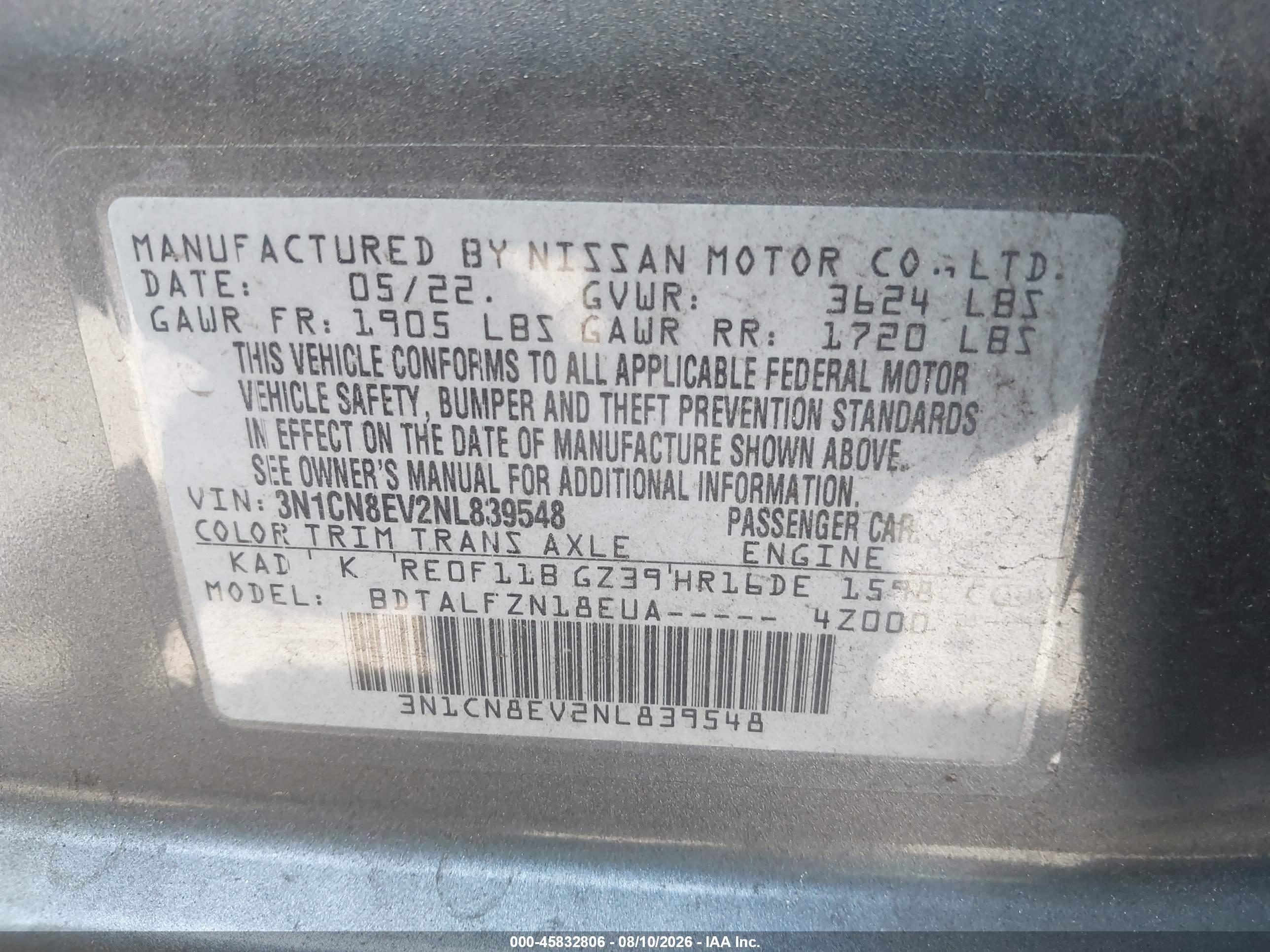 2022 Nissan Versa VIN 3N1CN8EV2NL839548 IAAI salvage auction — Front End, Salvage Certificate (California), sold $3,050 on 2026-09-12 (photo 9)