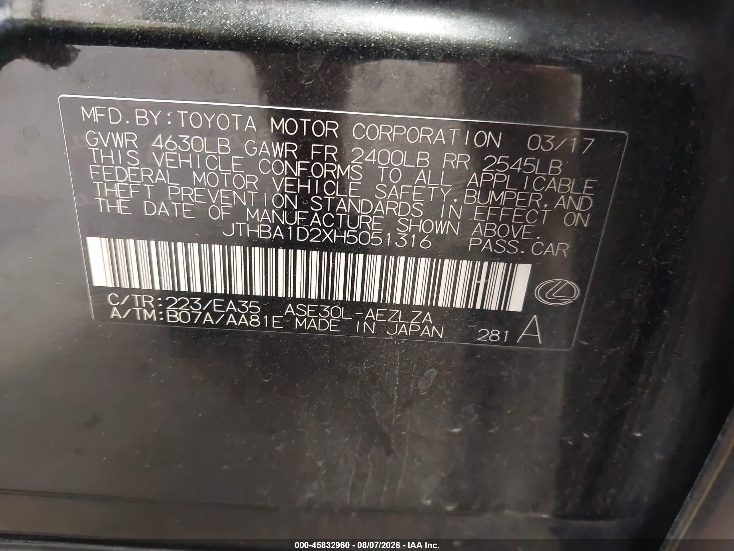 2017 Lexus IS 200t VIN JTHBA1D2XH5051316 IAAI salvage auction — Rear End, Salvage (North Carolina), sold $6,000 on 2026-09-12 (photo 9)