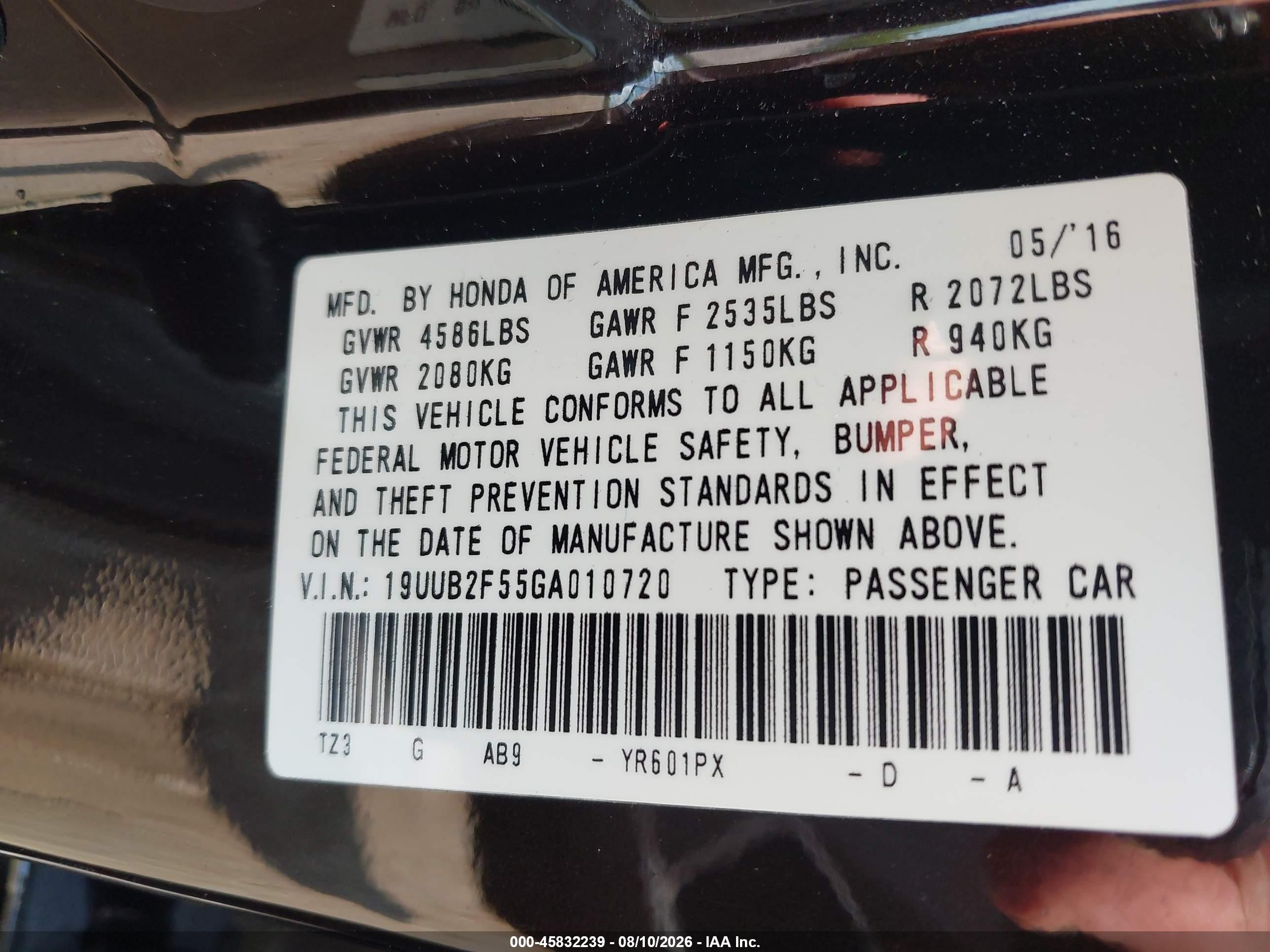 2016 Acura Tlx VIN 19UUB2F55GA010720 IAAI salvage auction — Front End, Clear (Tennessee), sold $1,400 on 2026-09-23 (photo 9)
