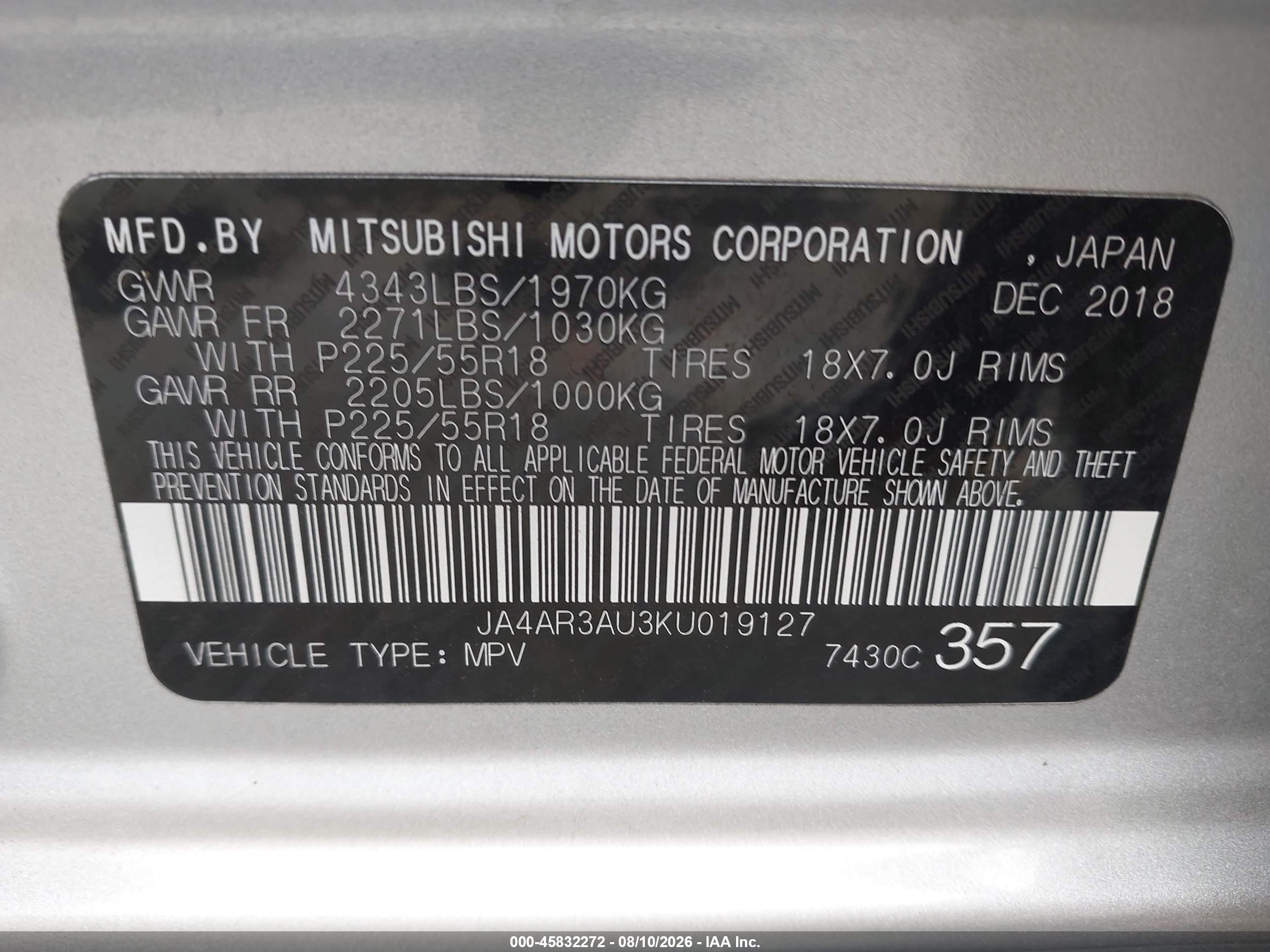 2019 Mitsubishi Outlander Sport VIN JA4AR3AU3KU019127 IAAI salvage auction — Front End, Mv-907A (New York), sold $1,650 on 2026-09-25 (photo 9)