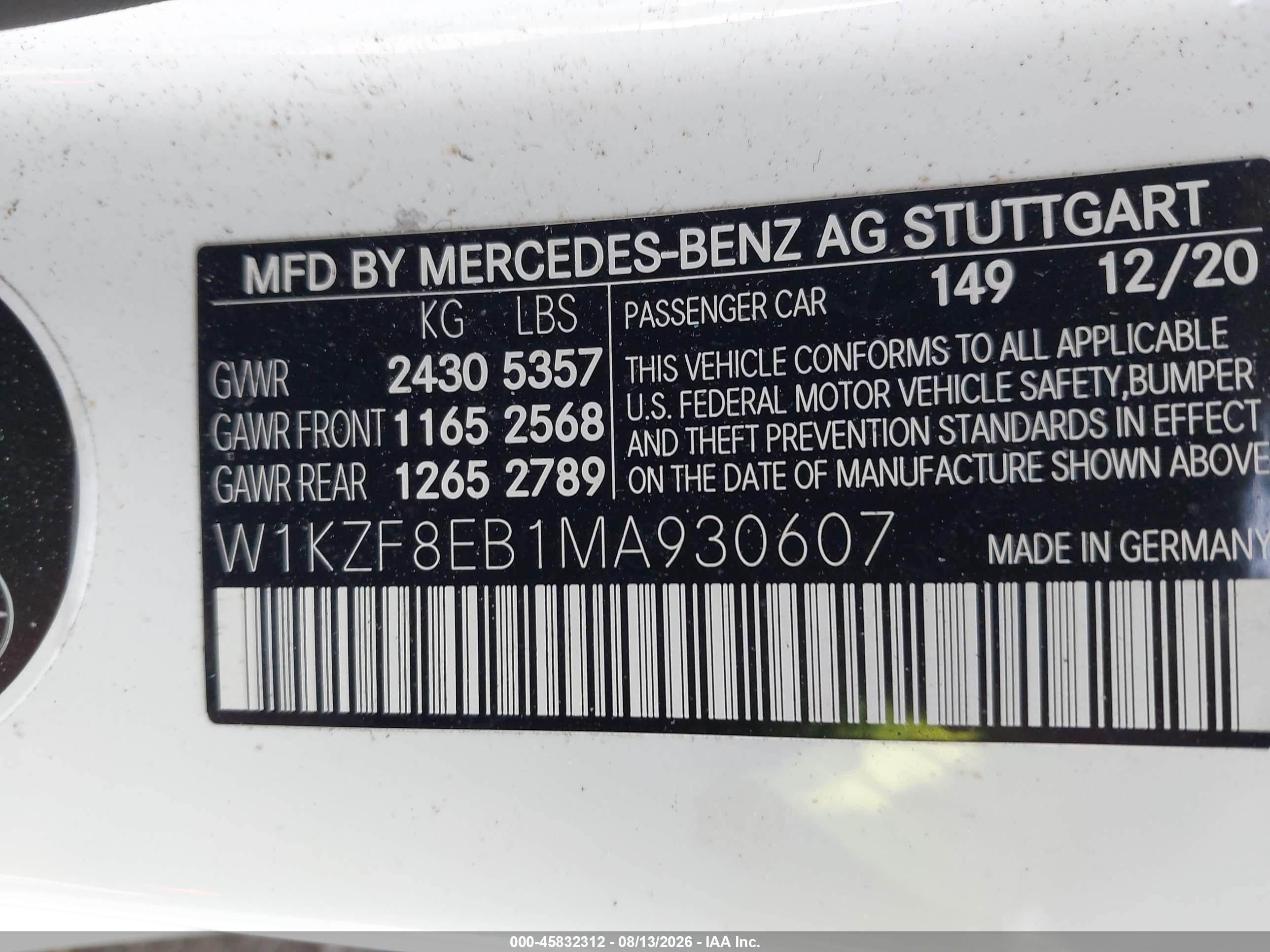 2021 Mercedes-Benz E-Class VIN W1KZF8EB1MA930607 IAAI salvage auction — Rear End, Clear (Tennessee), sold $18,300 on 2026-09-02 (photo 9)