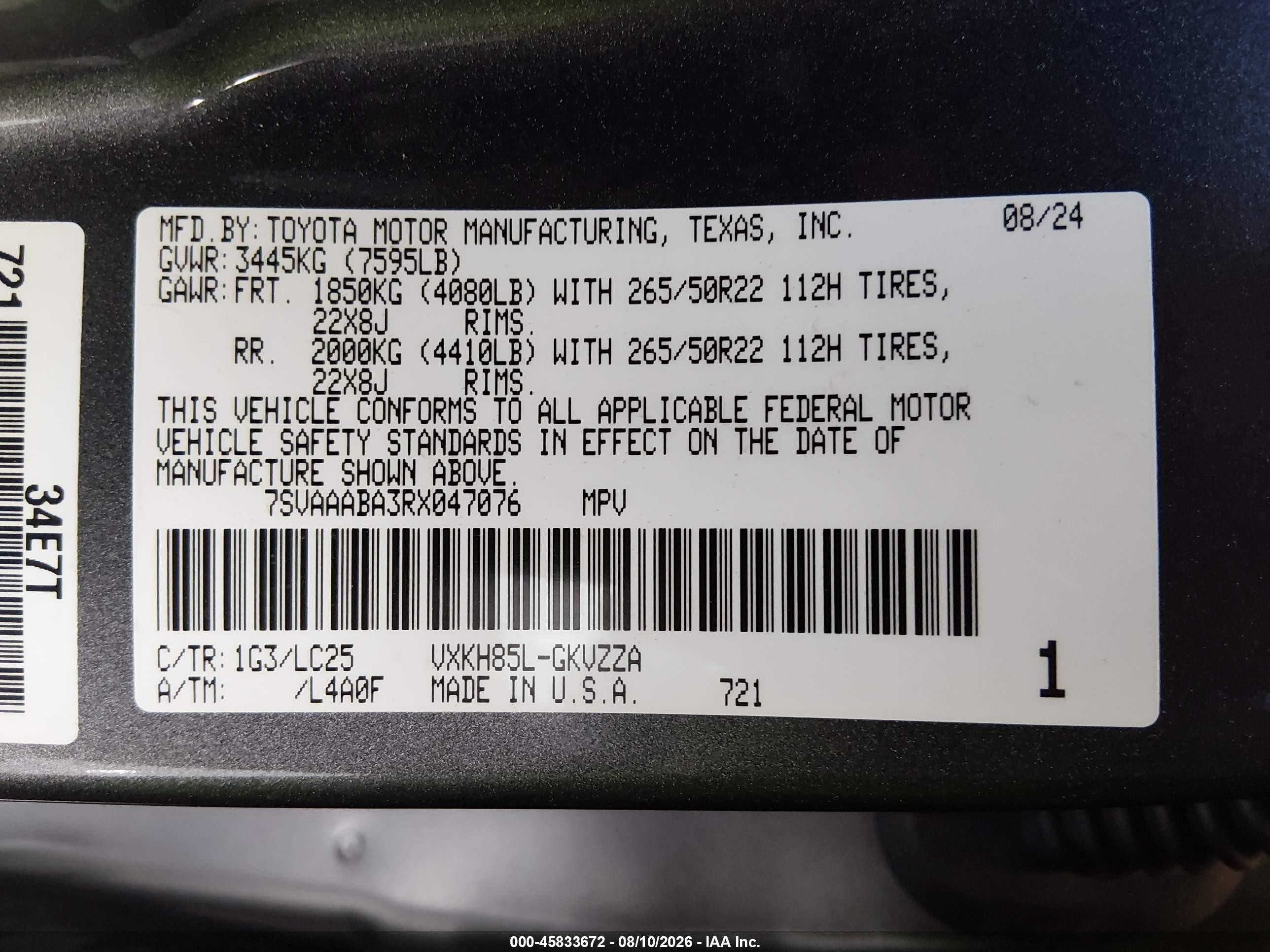 2024 Toyota Sequoia VIN 7SVAAABA3RX047076 IAAI salvage auction — Front End, Original (Texas), sold $36,675 on 2026-09-18 (photo 9)