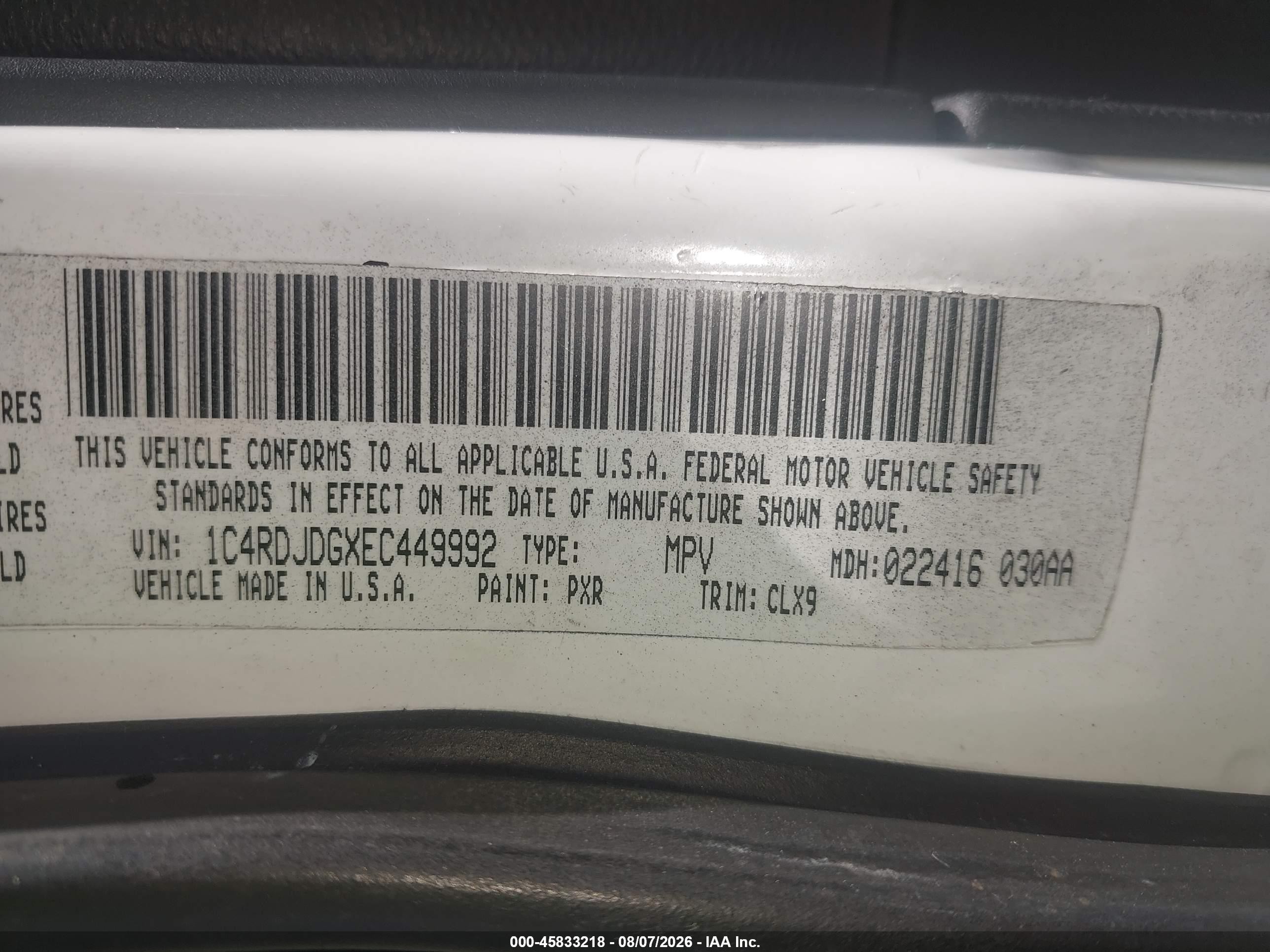 2014 Dodge Durango VIN 1C4RDJDGXEC449992 IAAI salvage auction — Front End, Salvage (Pennsylvania), sold $825 on 2026-08-28 (photo 9)