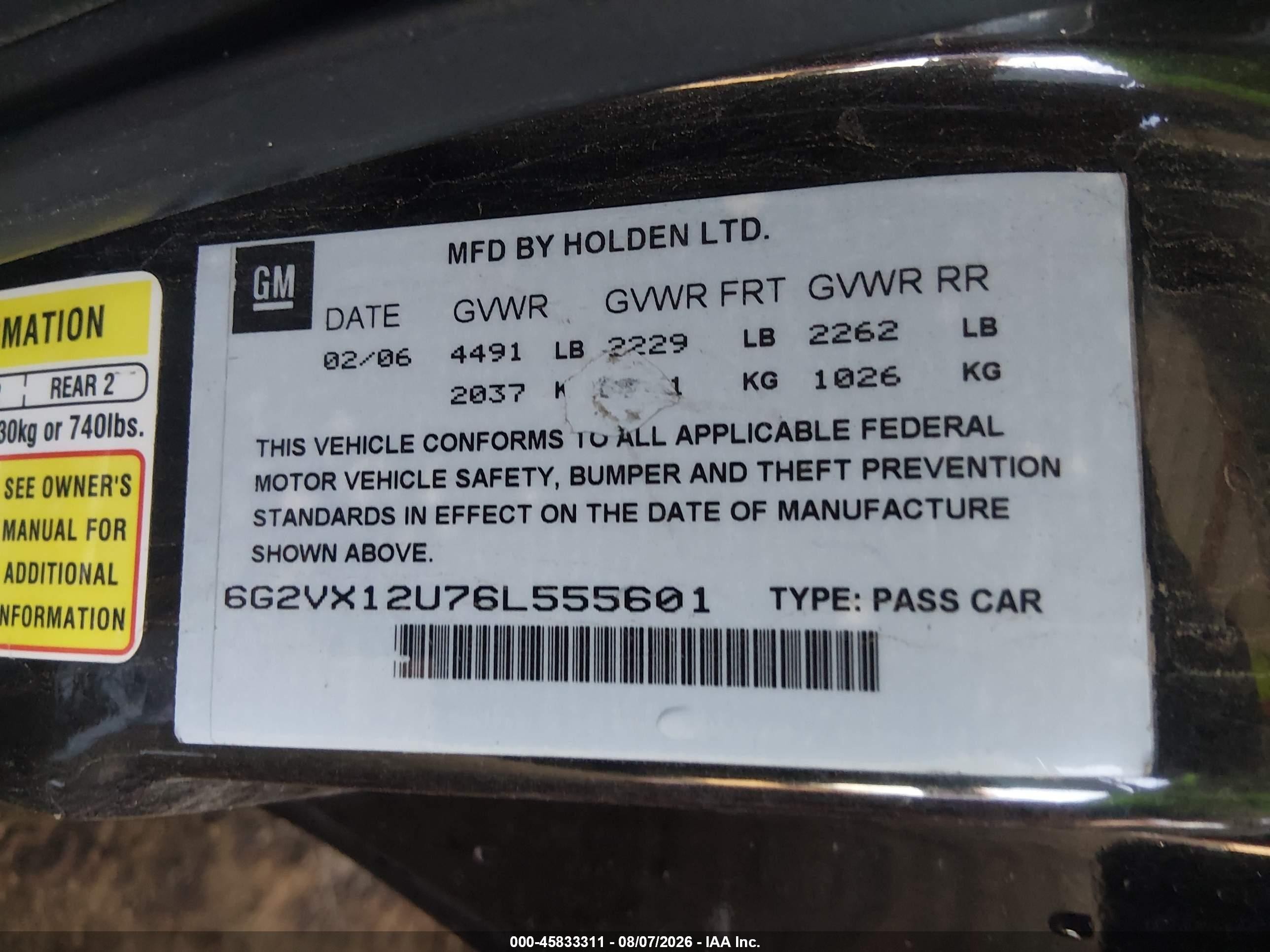 2006 Pontiac GTO VIN 6G2VX12U76L555601 IAAI salvage auction — Front End, Wait Title, sold $2,700 on 2026-09-21 (photo 9)